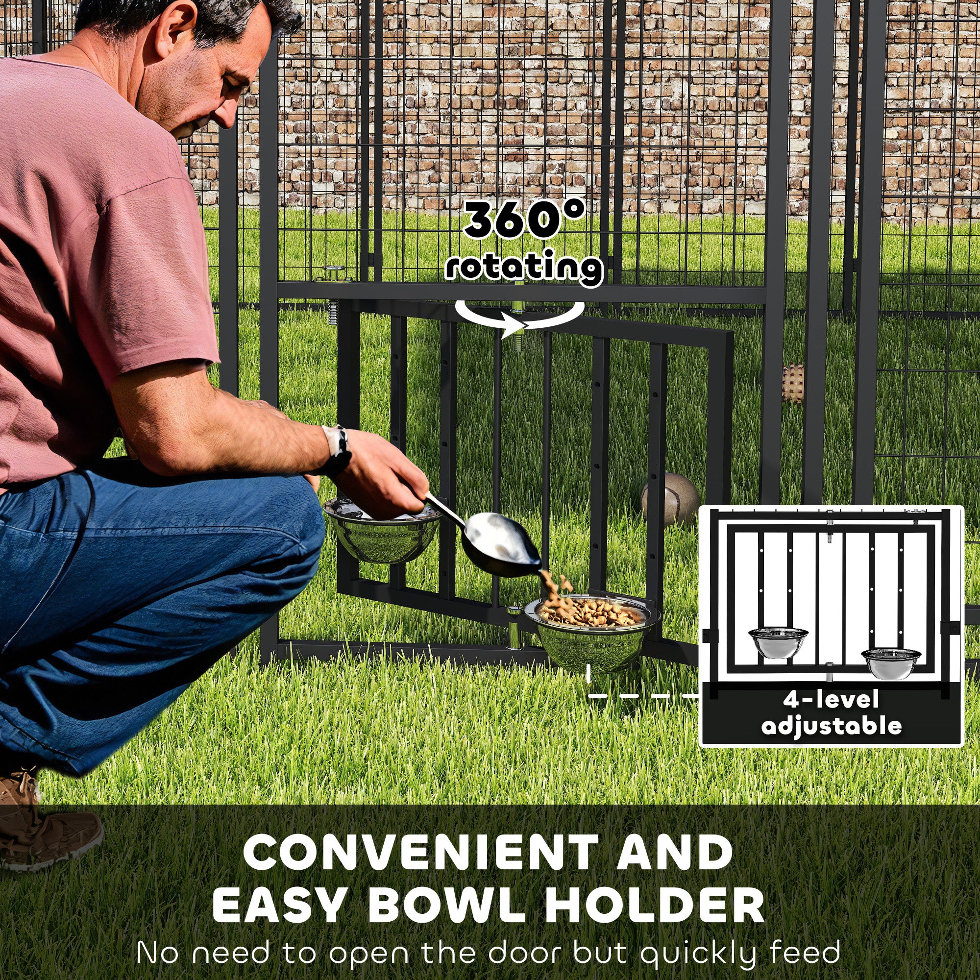 PawHut 9.8' x 9.8' x 6.8' Outdoor Dog Kennel, Welded Wire Heavy Duty Dog Run with 360° Rotating & 4 Level Adjustable Bowls, Dog Kennel Outside with Waterproof & UV Resistant Cover, for S&M&L Dogs