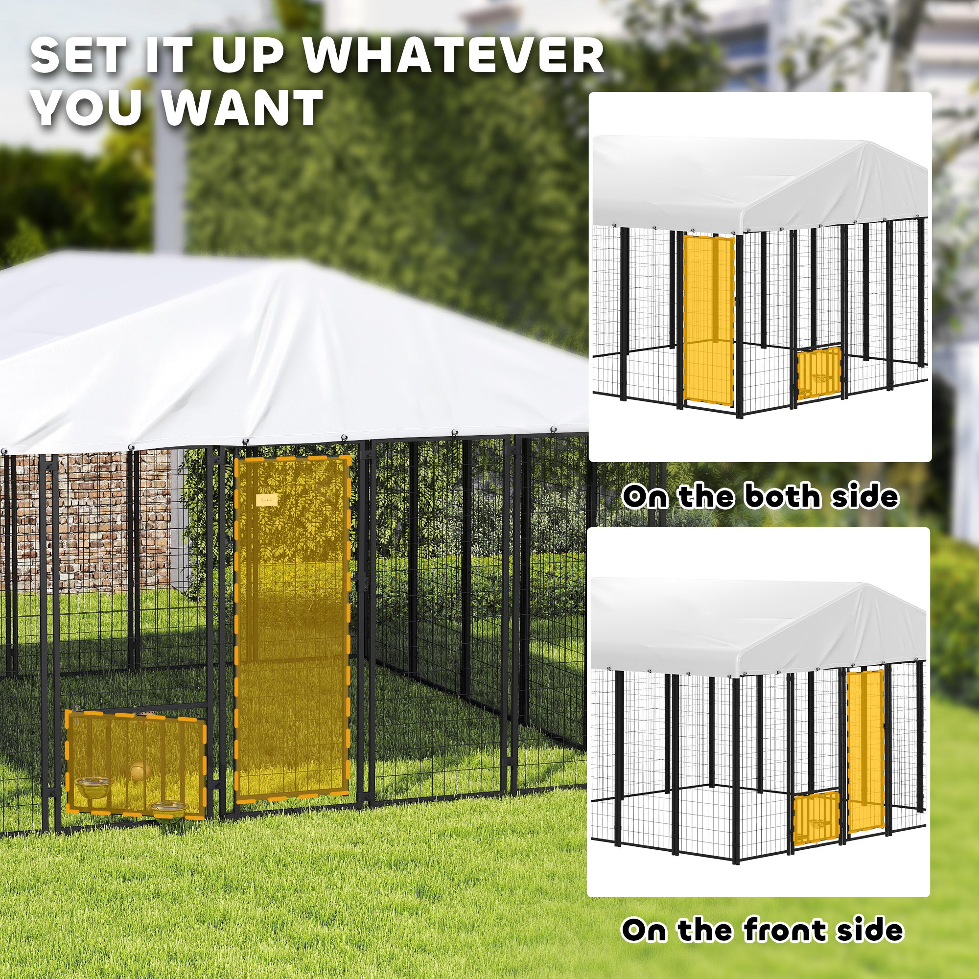 PawHut 9.8' x 9.8' x 6.8' Outdoor Dog Kennel, Welded Wire Heavy Duty Dog Run with 360° Rotating & 4 Level Adjustable Bowls, Dog Kennel Outside with Waterproof & UV Resistant Cover, for S&M&L Dogs