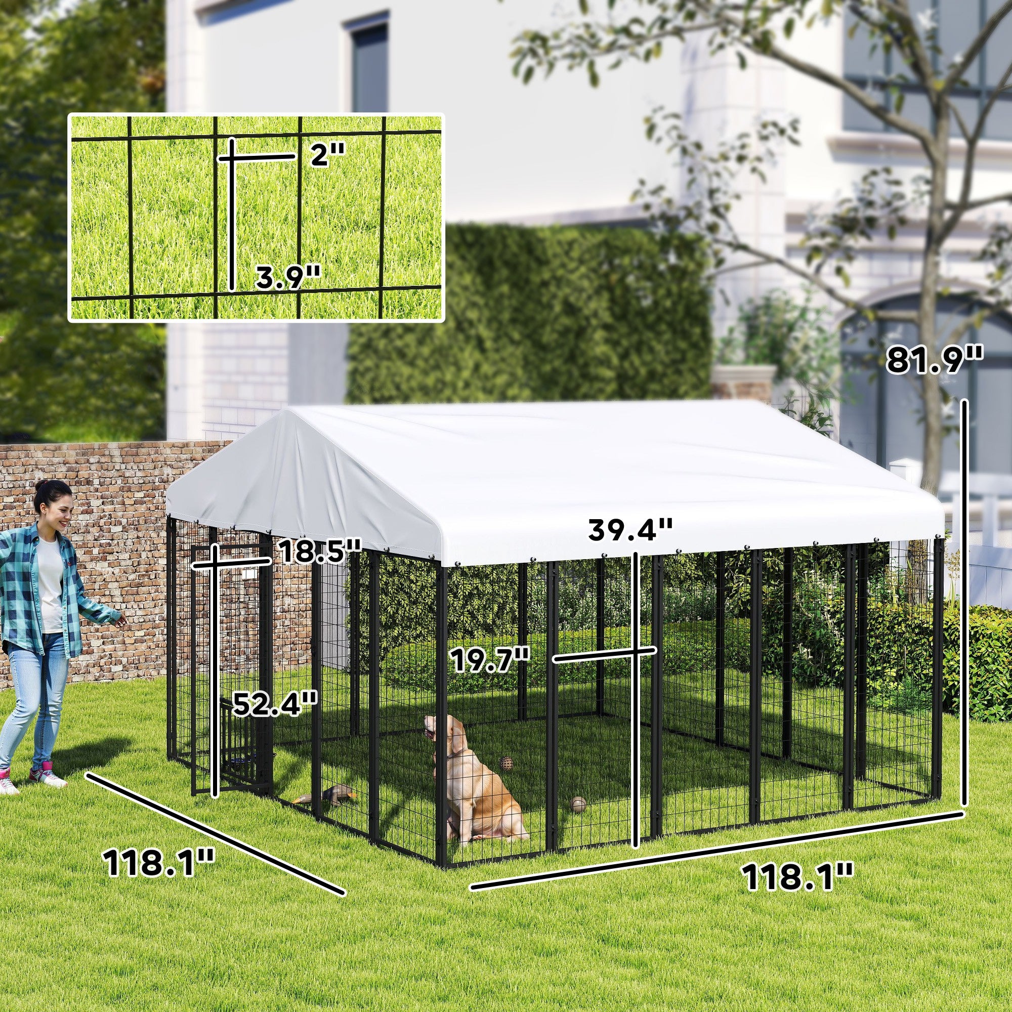 PawHut 9.8' x 9.8' x 6.8' Outdoor Dog Kennel, Welded Wire Heavy Duty Dog Run with 360° Rotating & 4 Level Adjustable Bowls, Dog Kennel Outside with Waterproof & UV Resistant Cover, for S&M&L Dogs