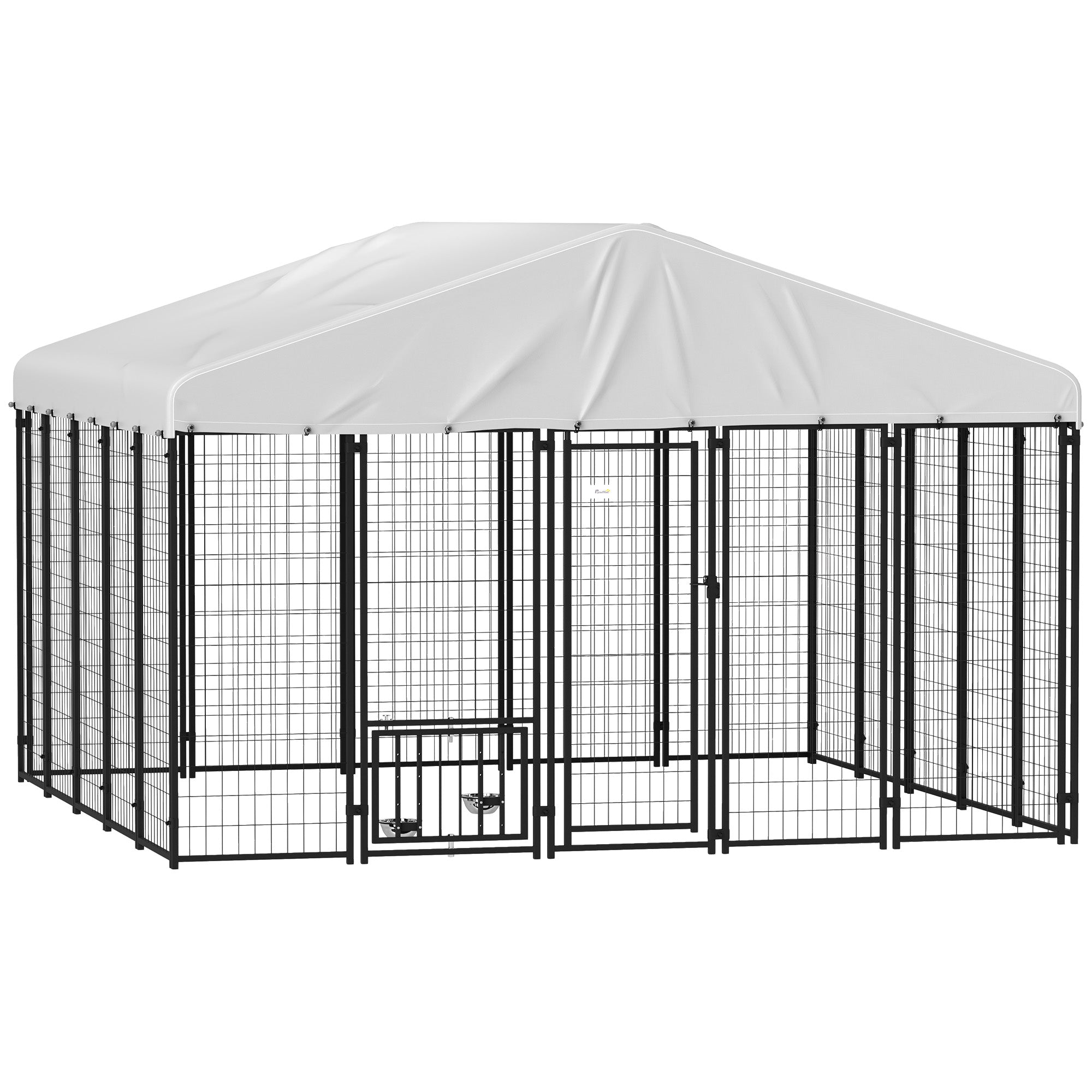 PawHut 9.8' x 9.8' x 6.8' Outdoor Dog Kennel, Welded Wire Heavy Duty Dog Run with 360° Rotating & 4 Level Adjustable Bowls, Dog Kennel Outside with Waterproof & UV Resistant Cover, for S&M&L Dogs