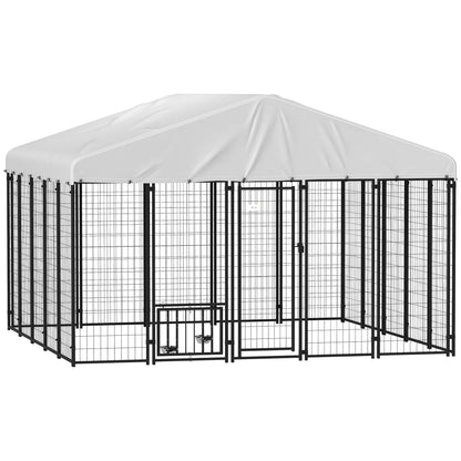 PawHut 9.8' x 9.8' x 6.8' Outdoor Dog Kennel, Welded Wire Heavy Duty Dog Run with 360° Rotating & 4 Level Adjustable Bowls, Dog Kennel Outside with Waterproof & UV Resistant Cover, for S&M&L Dogs