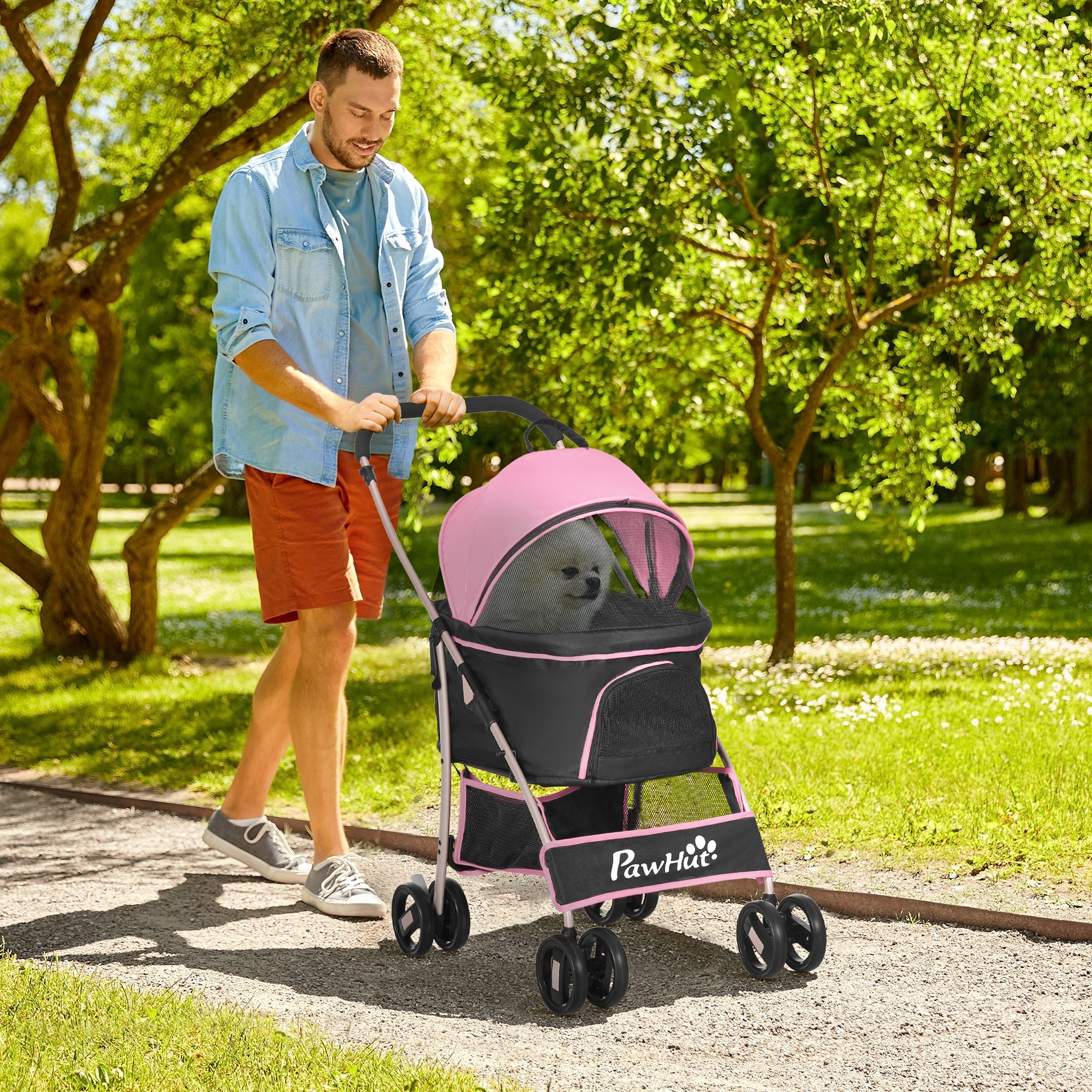 PawHut Dog Pram Dog Stroller 3 in 1 Pet Pushchair Detachable Design with Universal Wheels, Brake for Small Miniature Dogs - Pink