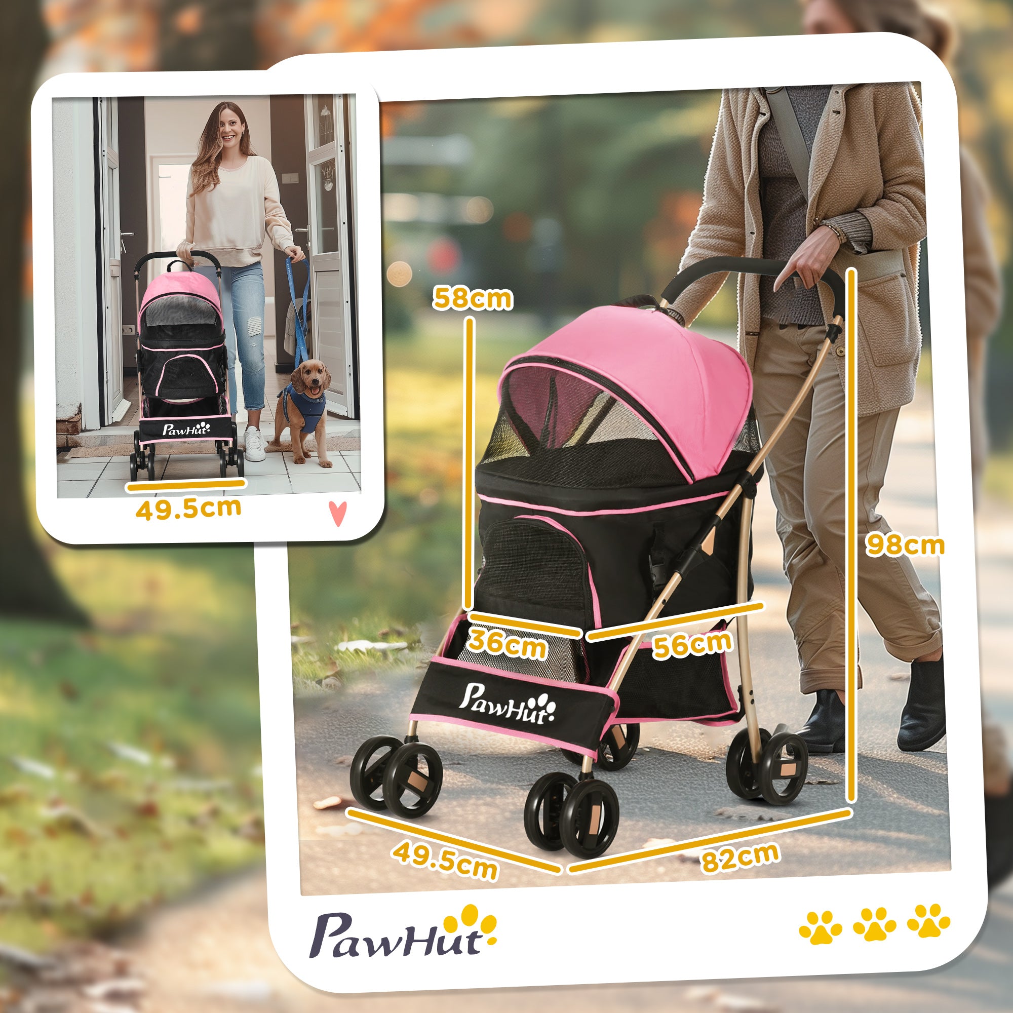 PawHut Dog Pram Dog Stroller 3 in 1 Pet Pushchair Detachable Design with Universal Wheels, Brake for Small Miniature Dogs - Pink