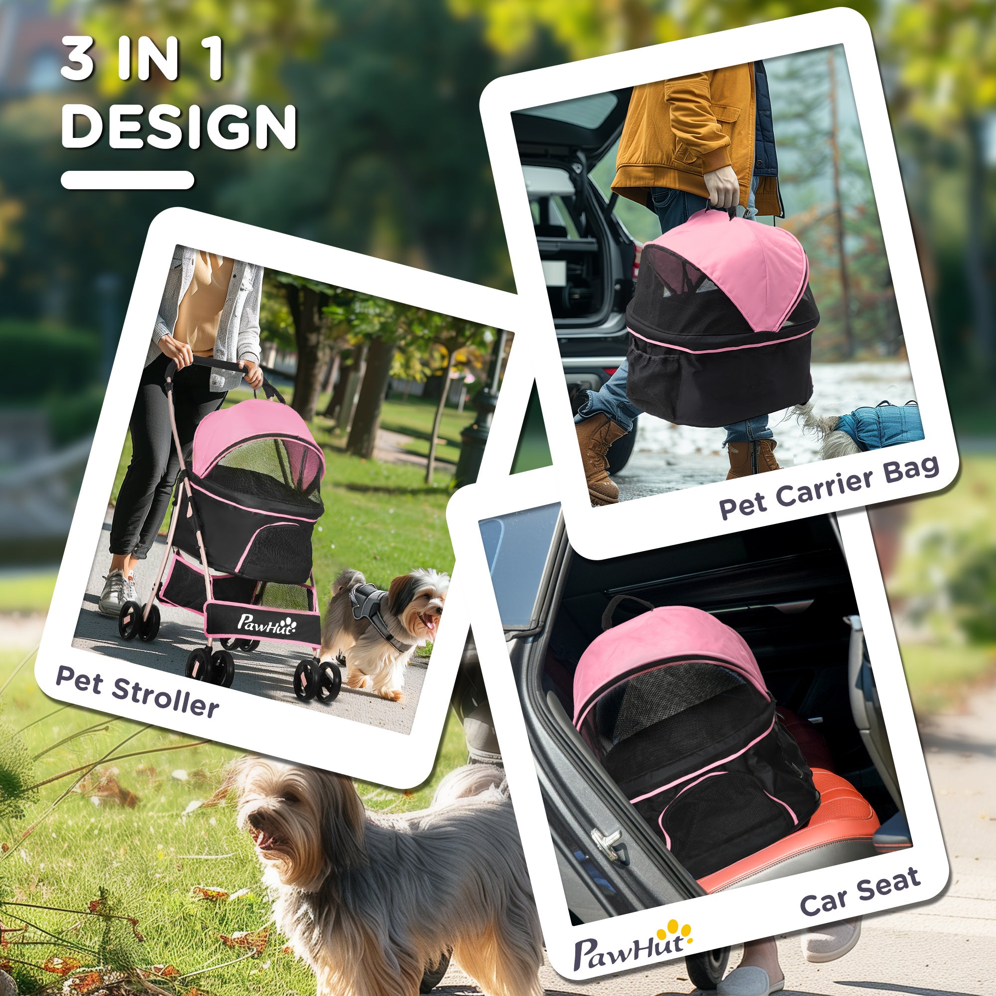 PawHut Dog Pram Dog Stroller 3 in 1 Pet Pushchair Detachable Design with Universal Wheels, Brake for Small Miniature Dogs - Pink