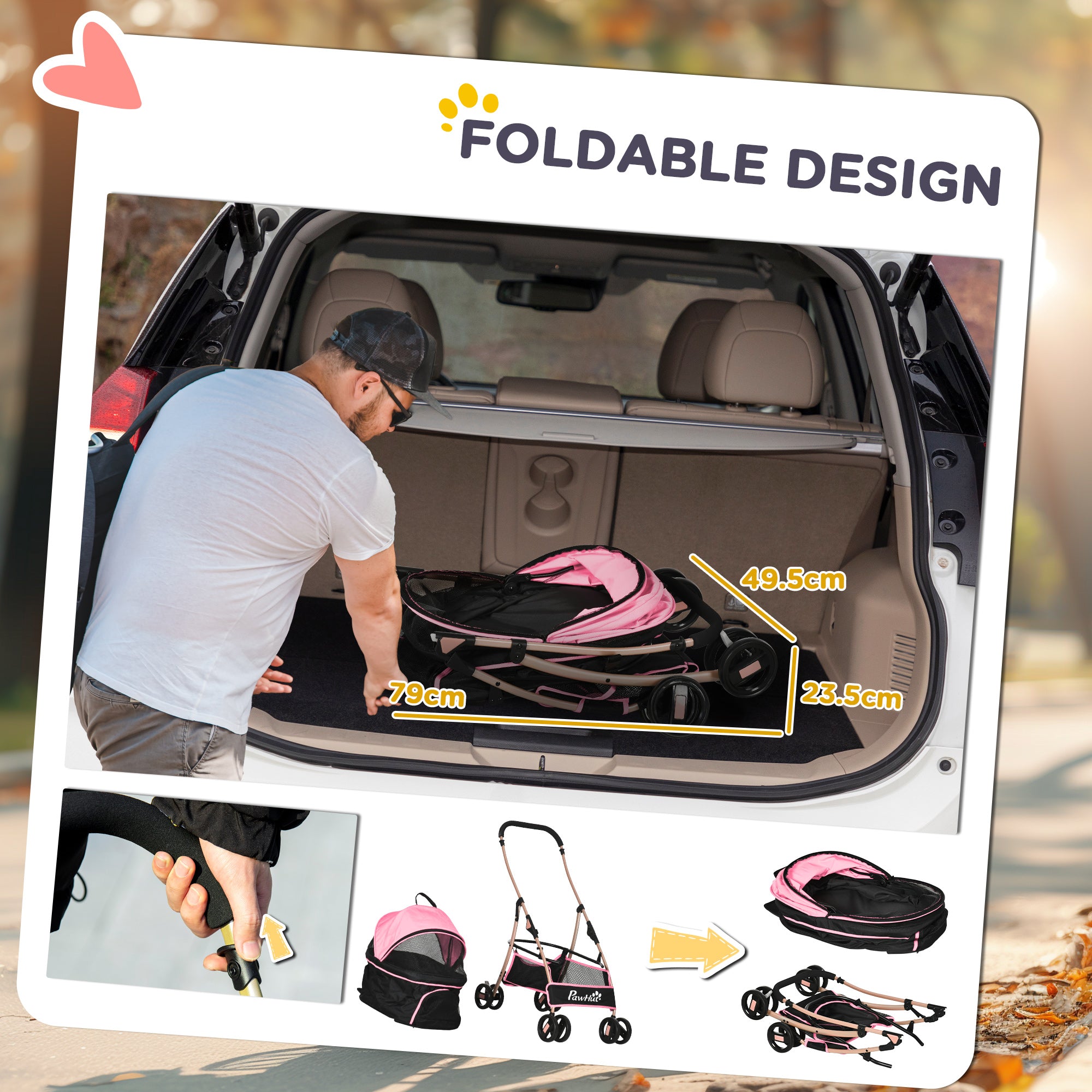 PawHut Dog Pram Dog Stroller 3 in 1 Pet Pushchair Detachable Design with Universal Wheels, Brake for Small Miniature Dogs - Pink