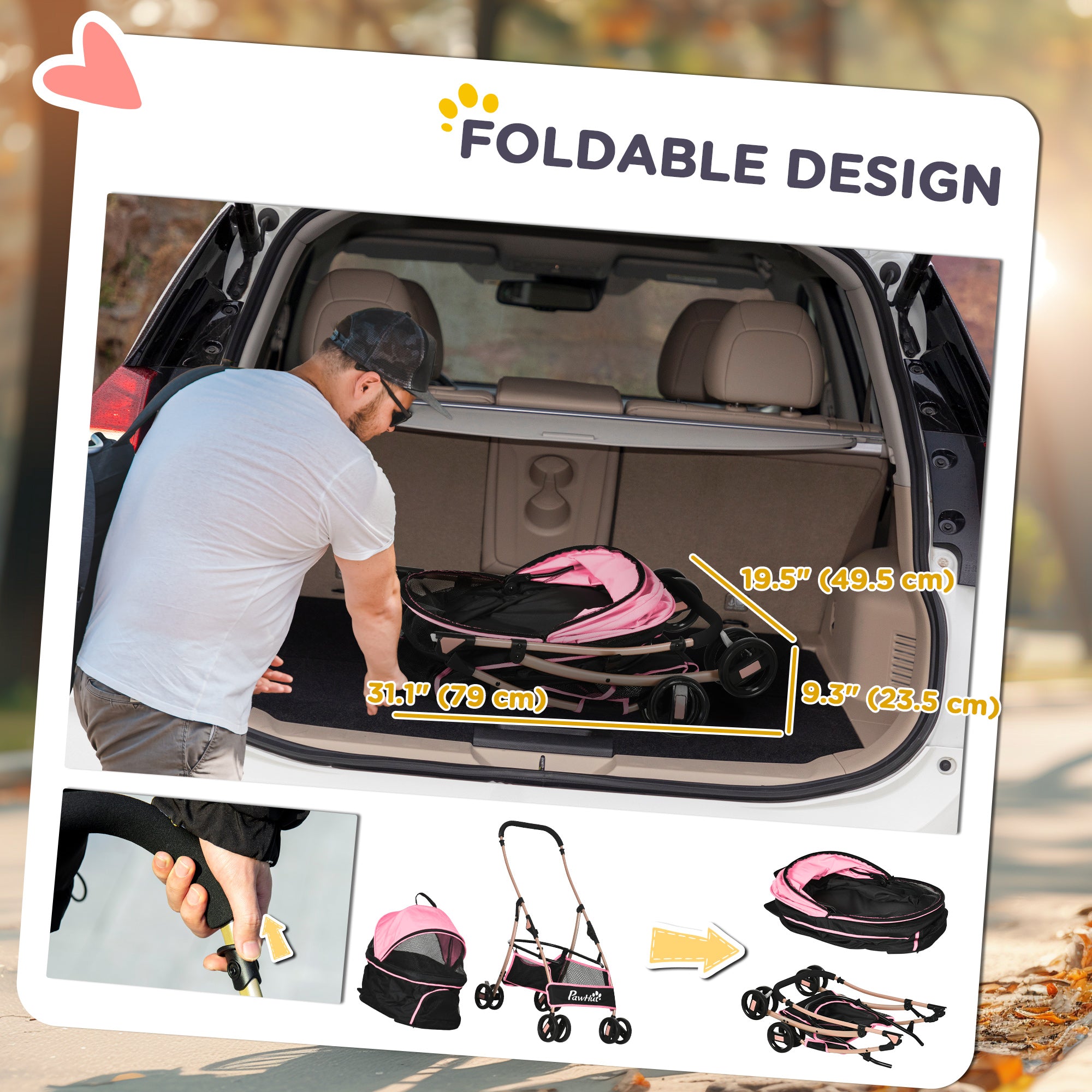 PawHut 4 Wheels Pet Stroller, 3 in 1 Dog Cat Travel Folding Carrier, for Small Dogs, Detachable, w/ Brake, Canopy, Basket, Storage Bag - Pink