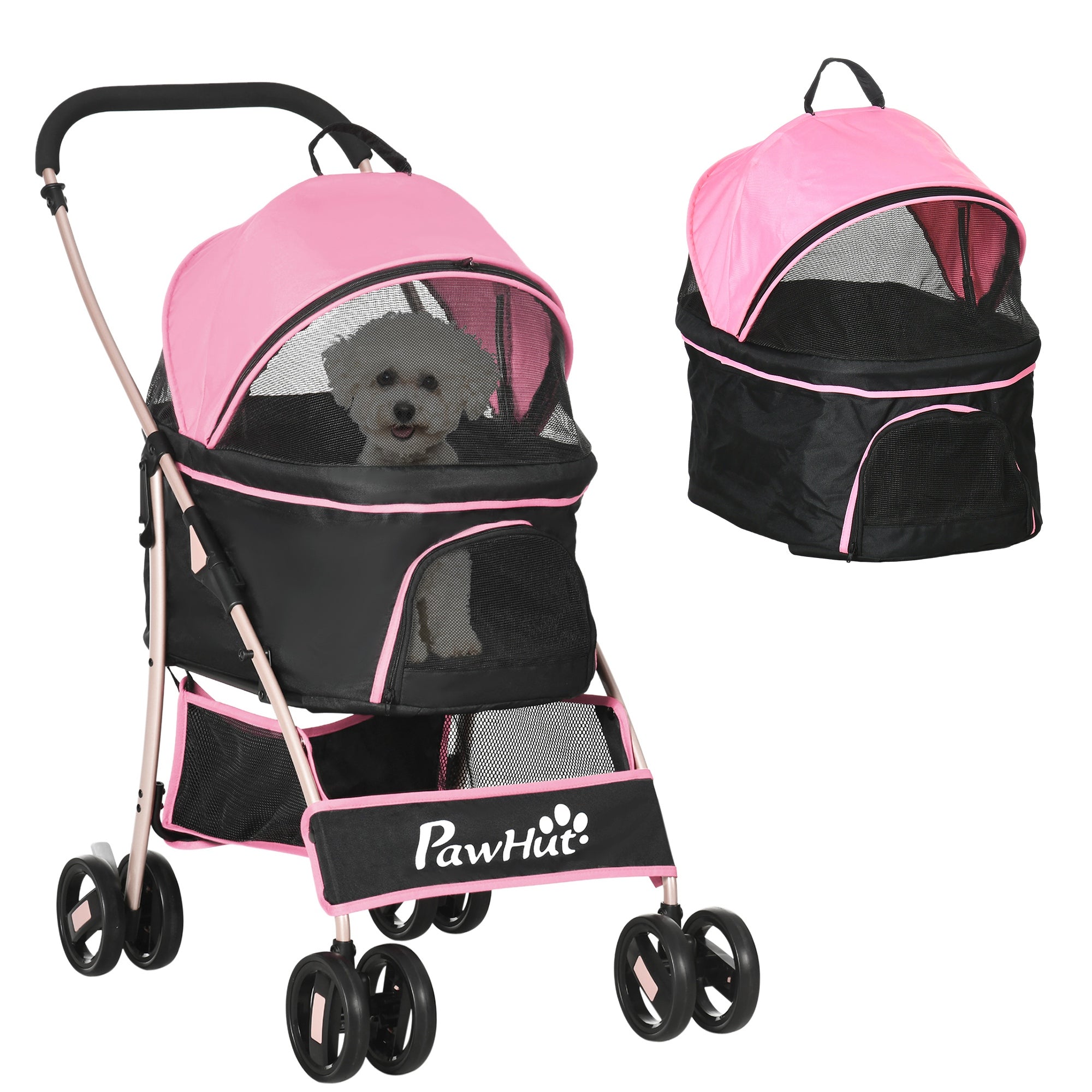 PawHut Dog Pram Dog Stroller 3 in 1 Pet Pushchair Detachable Design with Universal Wheels, Brake for Small Miniature Dogs - Pink