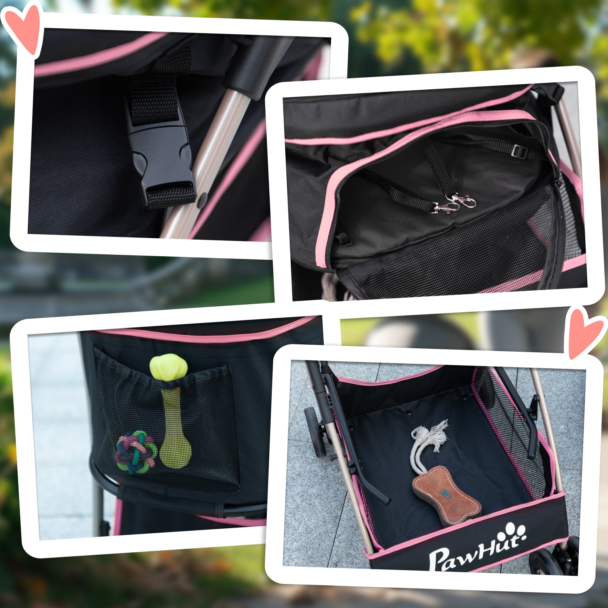 PawHut 4 Wheels Pet Stroller, 3 in 1 Dog Cat Travel Folding Carrier, for Small Dogs, Detachable, w/ Brake, Canopy, Basket, Storage Bag - Pink