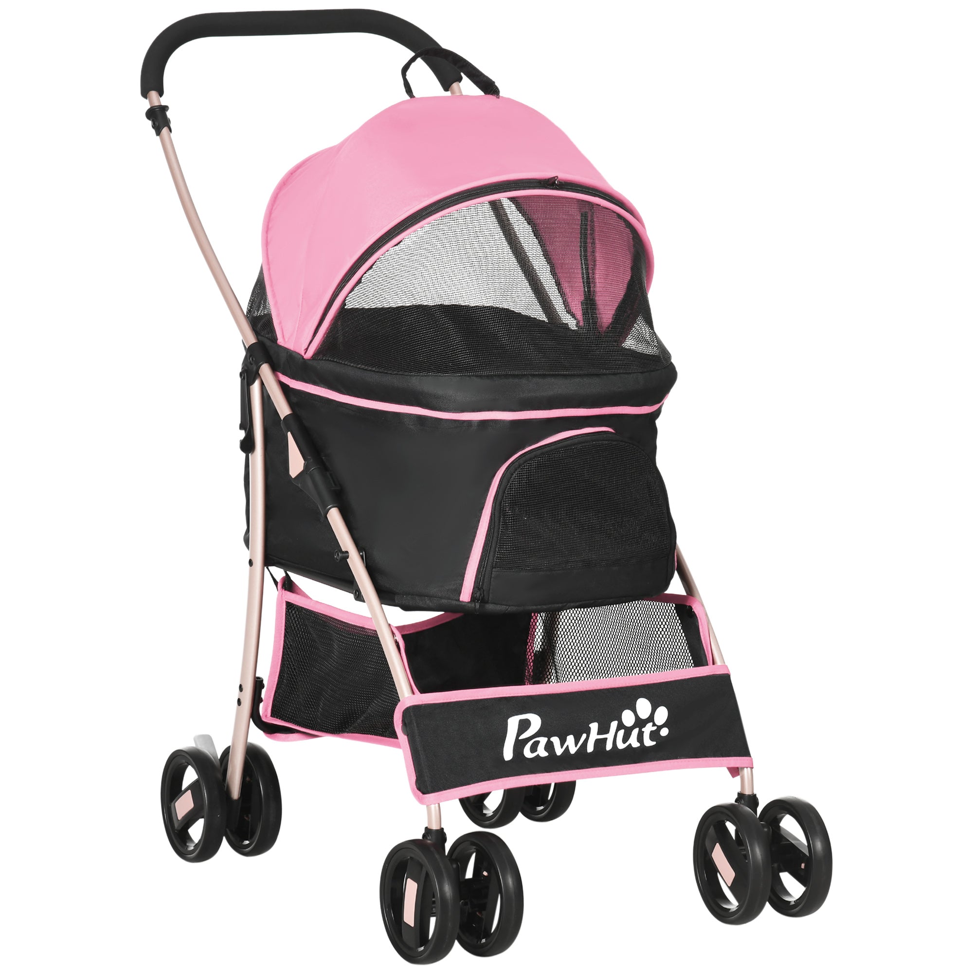 PawHut 4 Wheels Pet Stroller, 3 in 1 Dog Cat Travel Folding Carrier, for Small Dogs, Detachable, w/ Brake, Canopy, Basket, Storage Bag - Pink