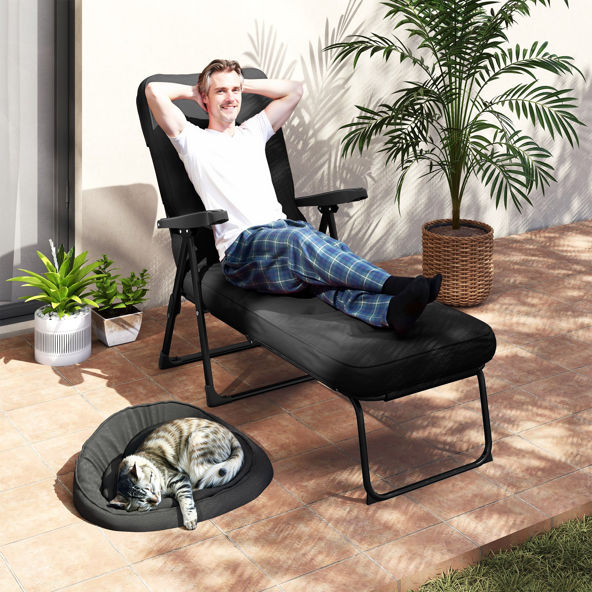 Outsunny Outdoor Lounge Chair with Padded Cushion, Folding Reclining Patio Garden Chair with Recline Back, Footrest, for Poolside, Patio, Black