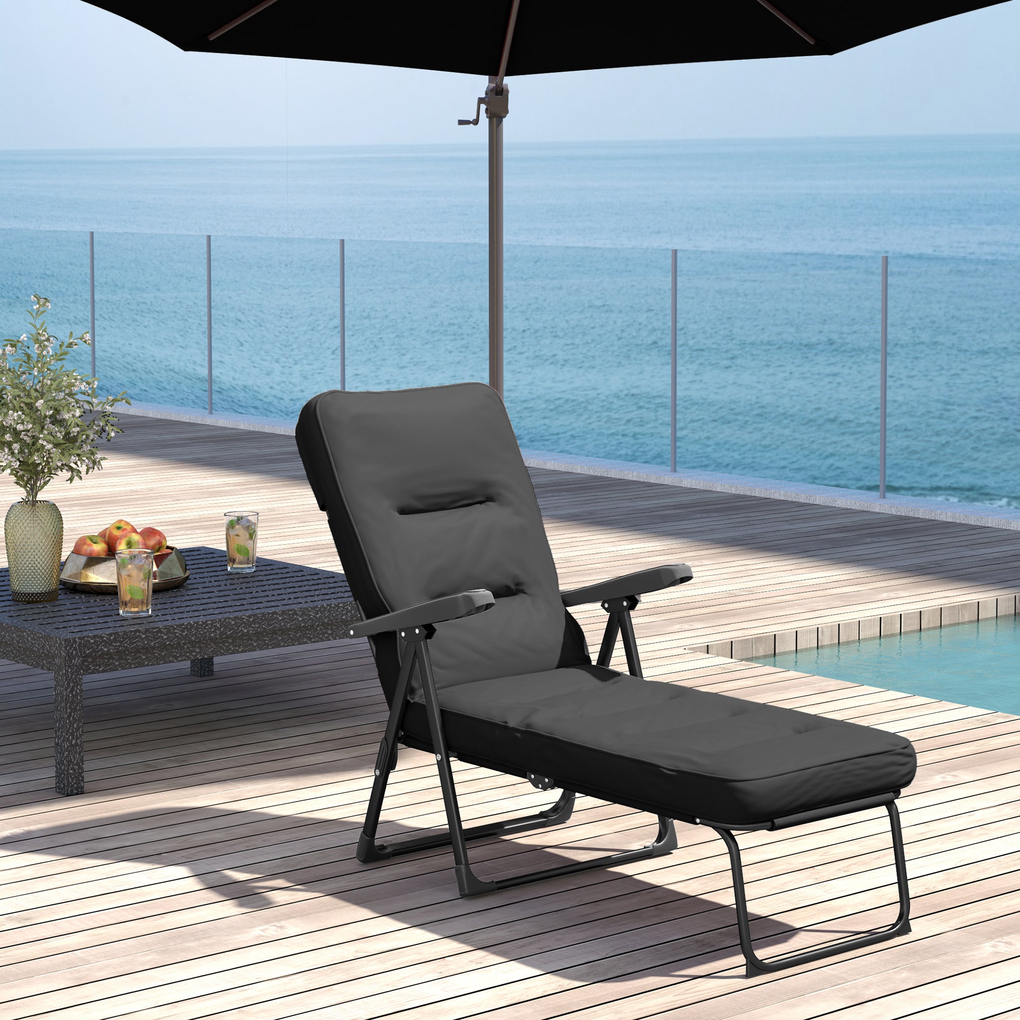 Outsunny Outdoor Lounge Chair with Padded Cushion, Folding Reclining Patio Garden Chair with Recline Back, Footrest, for Poolside, Patio, Black