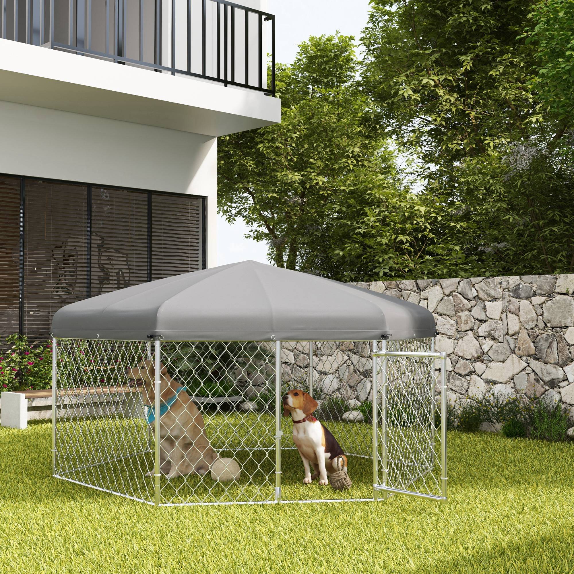 PawHut Outdoor Dog Kennel with Water-Resistant, UV-Resistant Roof, Dog Run with Lockable Door for Garden, Patio, Terrace for Medium, Large Dogs, 2.1 x 1.85 x 1.5m