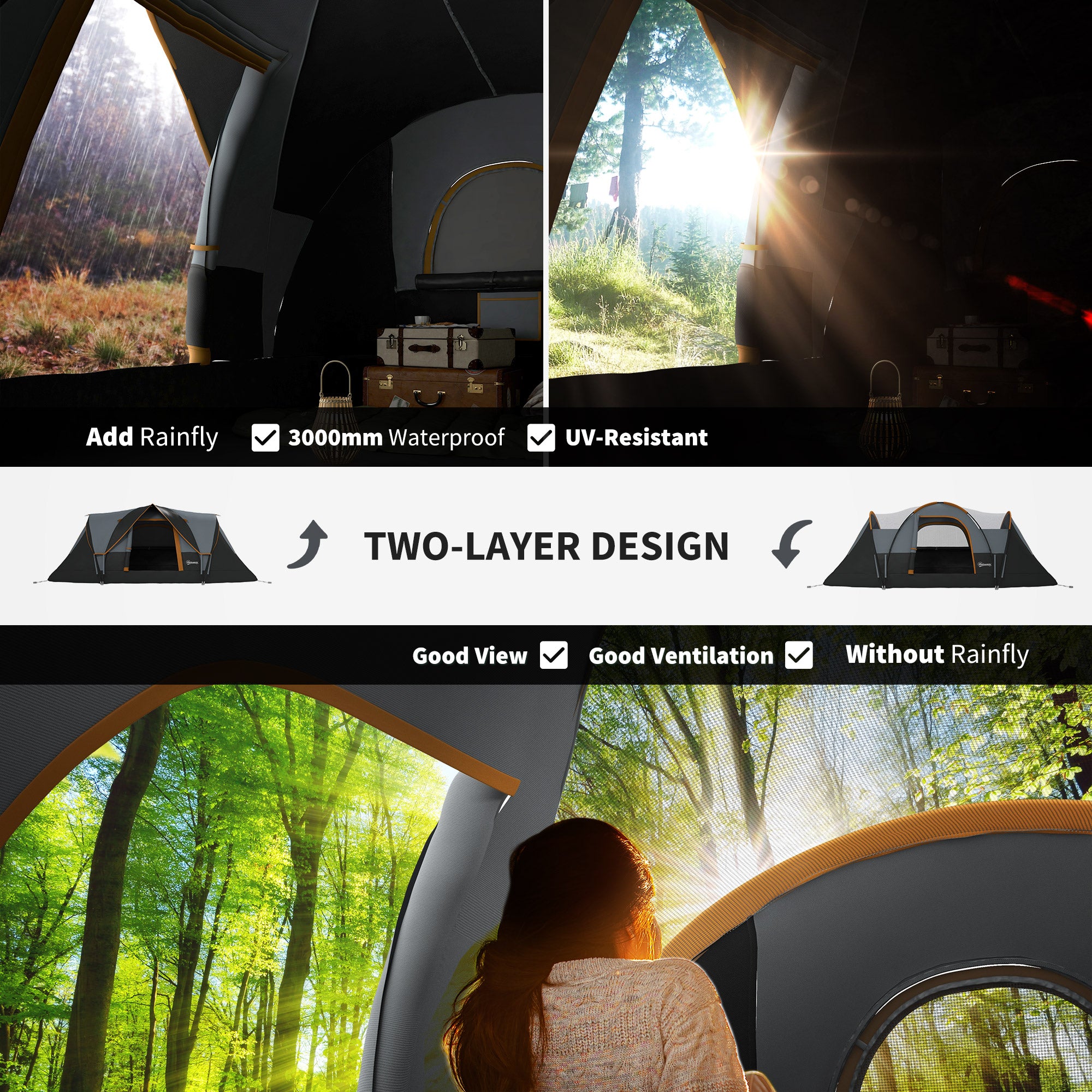 Outsunny 5-6 Person Outdoor Camping Tent, Family Tent with Lighting Hook, Carrying Bag for Camping, Hiking and Travelling, Cream White and Black