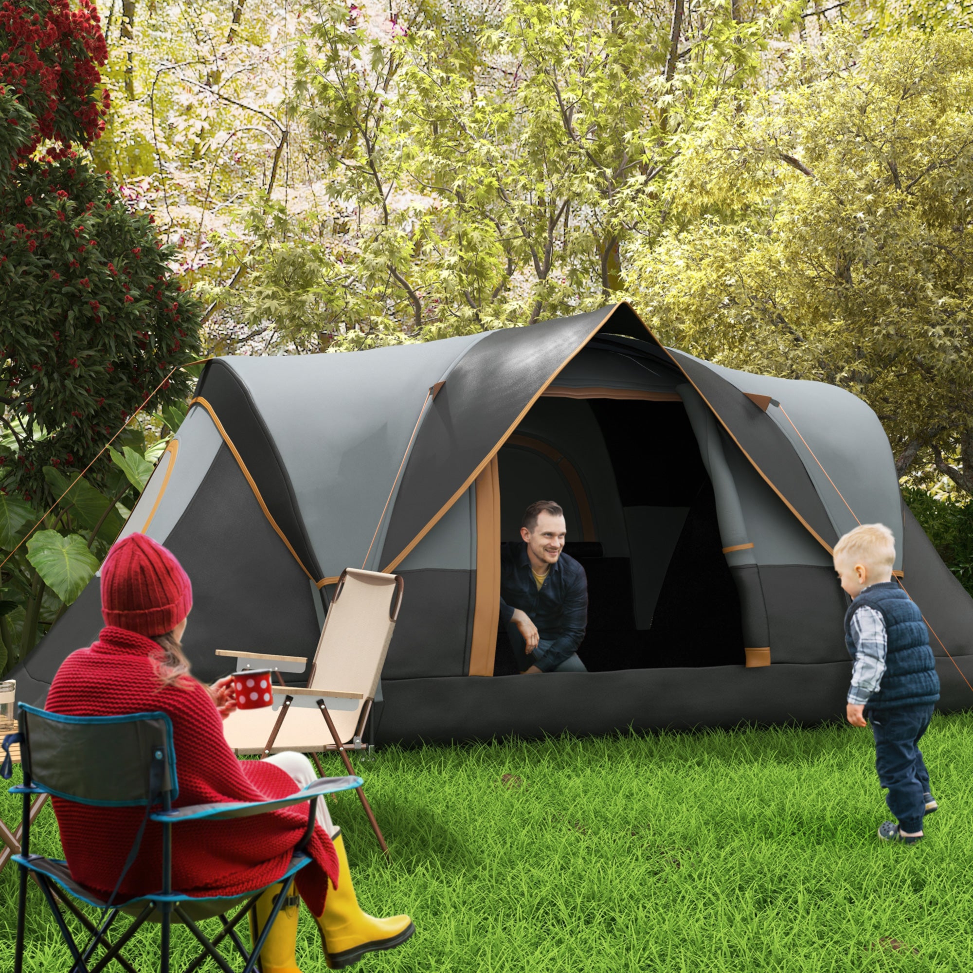 Outsunny 5-6 Person Outdoor Camping Tent, Family Tent with Lighting Hook, Carrying Bag for Camping, Hiking and Travelling, Cream White and Black