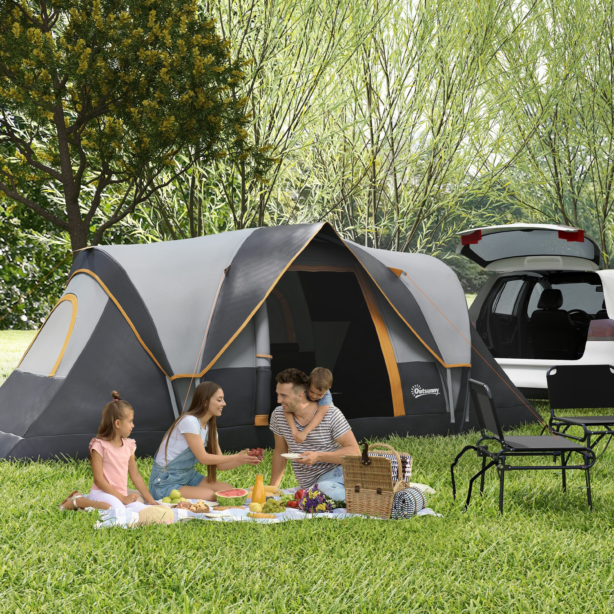 Outsunny 5-6 Person Outdoor Camping Tent, Family Tent with Lighting Hook, Carrying Bag for Camping, Hiking and Travelling, Cream White and Black