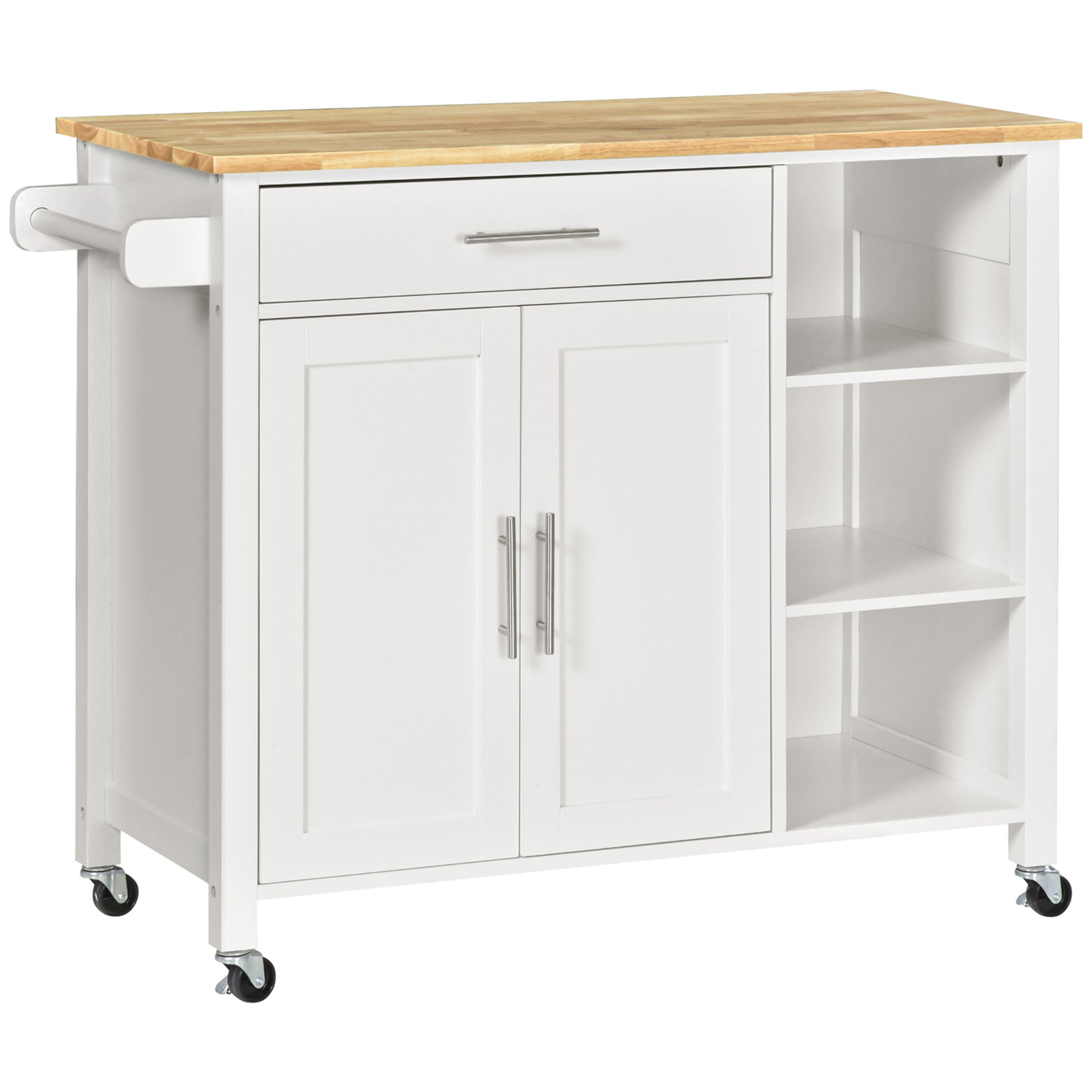 HOMCOM Wooden Rolling Kitchen Island on 360° Swivel Wheels Dining Cart with Drawer, Towel Rack for Kitchen, White