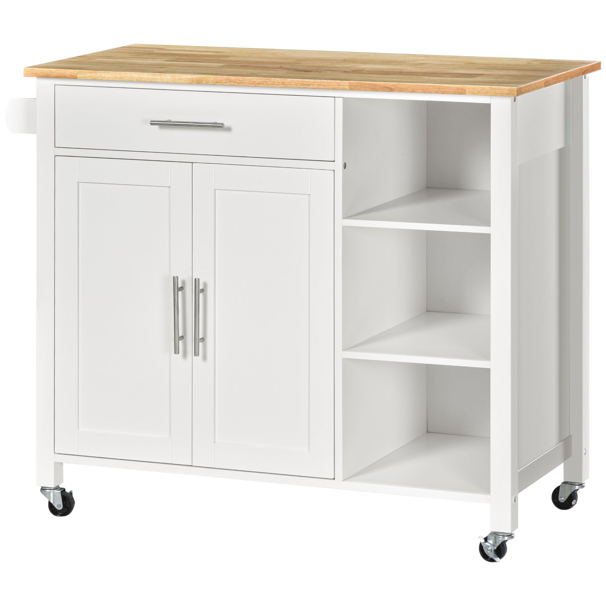 HOMCOM Wooden Rolling Kitchen Island on 360° Swivel Wheels Dining Cart with Drawer, Towel Rack for Kitchen, White