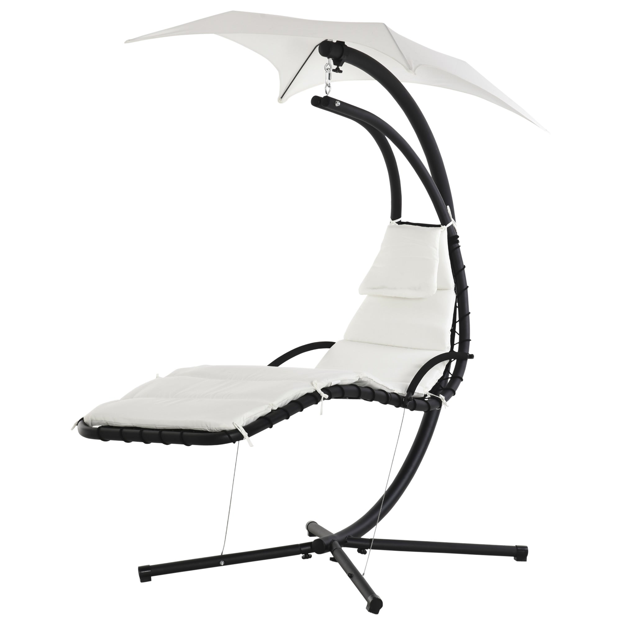 Outsunny Outdoor Hammock Chair with Stand, Floating Chaise Lounge Chair with Soft Padded Cushion, Hanging Hammock Swing Reclining Seat with Canopy Umbrella, Cream White