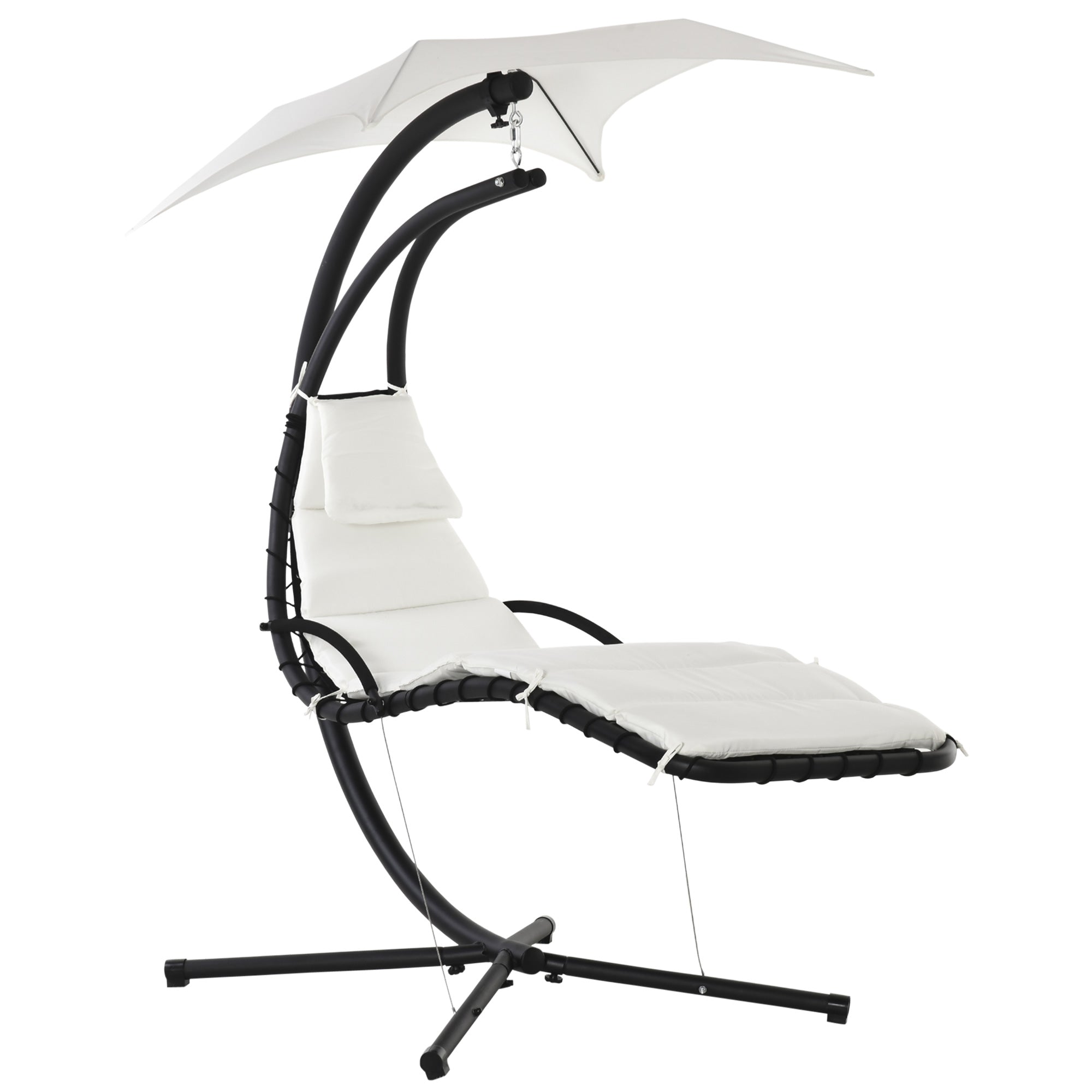 Outsunny Outdoor Hammock Chair with Stand, Floating Chaise Lounge Chair with Soft Padded Cushion, Hanging Hammock Swing Reclining Seat with Canopy Umbrella, Cream White