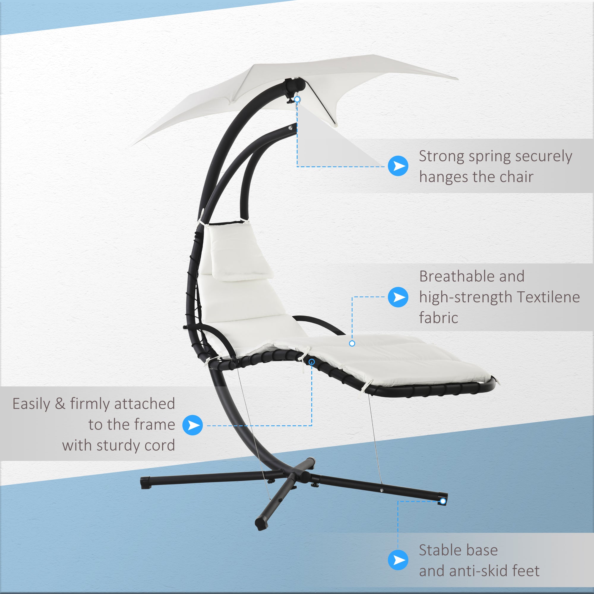 Outsunny Outdoor Hammock Chair with Stand, Floating Chaise Lounge Chair with Soft Padded Cushion, Hanging Hammock Swing Reclining Seat with Canopy Umbrella, Cream White