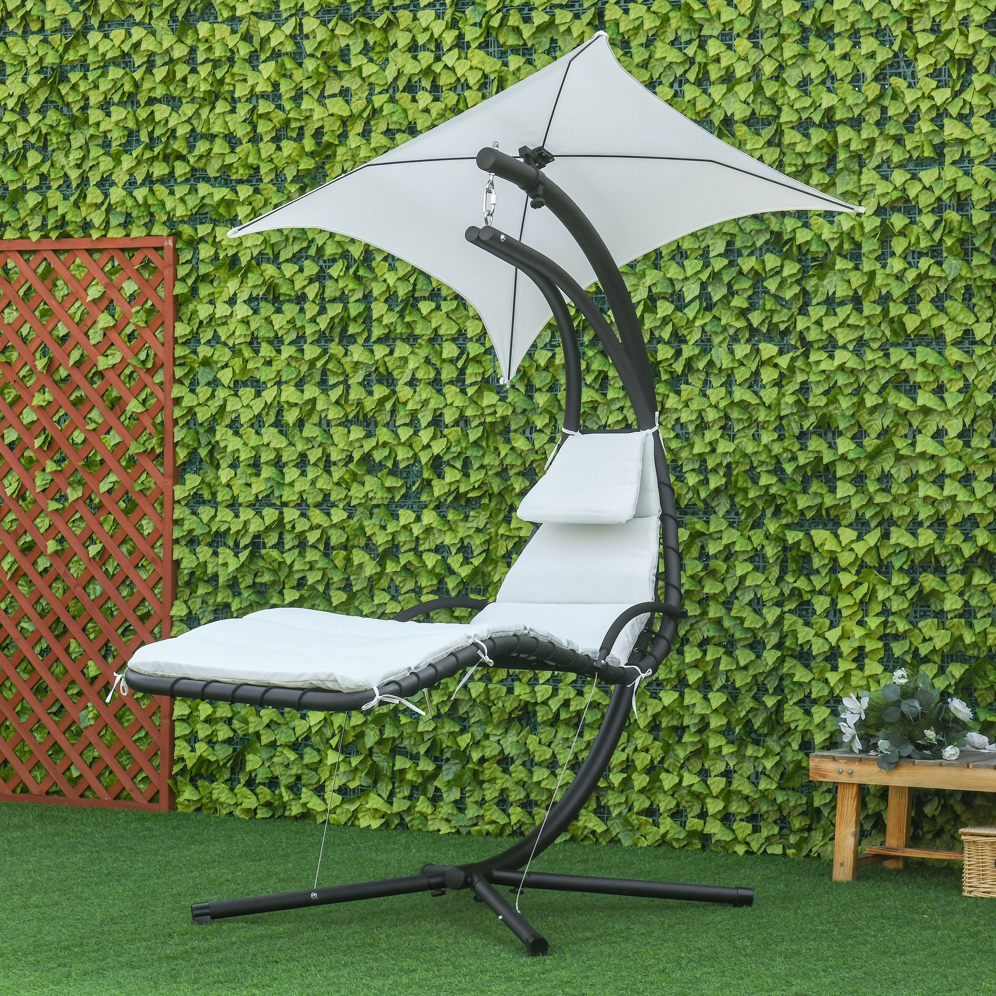 Outsunny Outdoor Hammock Chair with Stand, Floating Chaise Lounge Chair with Soft Padded Cushion, Hanging Hammock Swing Reclining Seat with Canopy Umbrella, Cream White