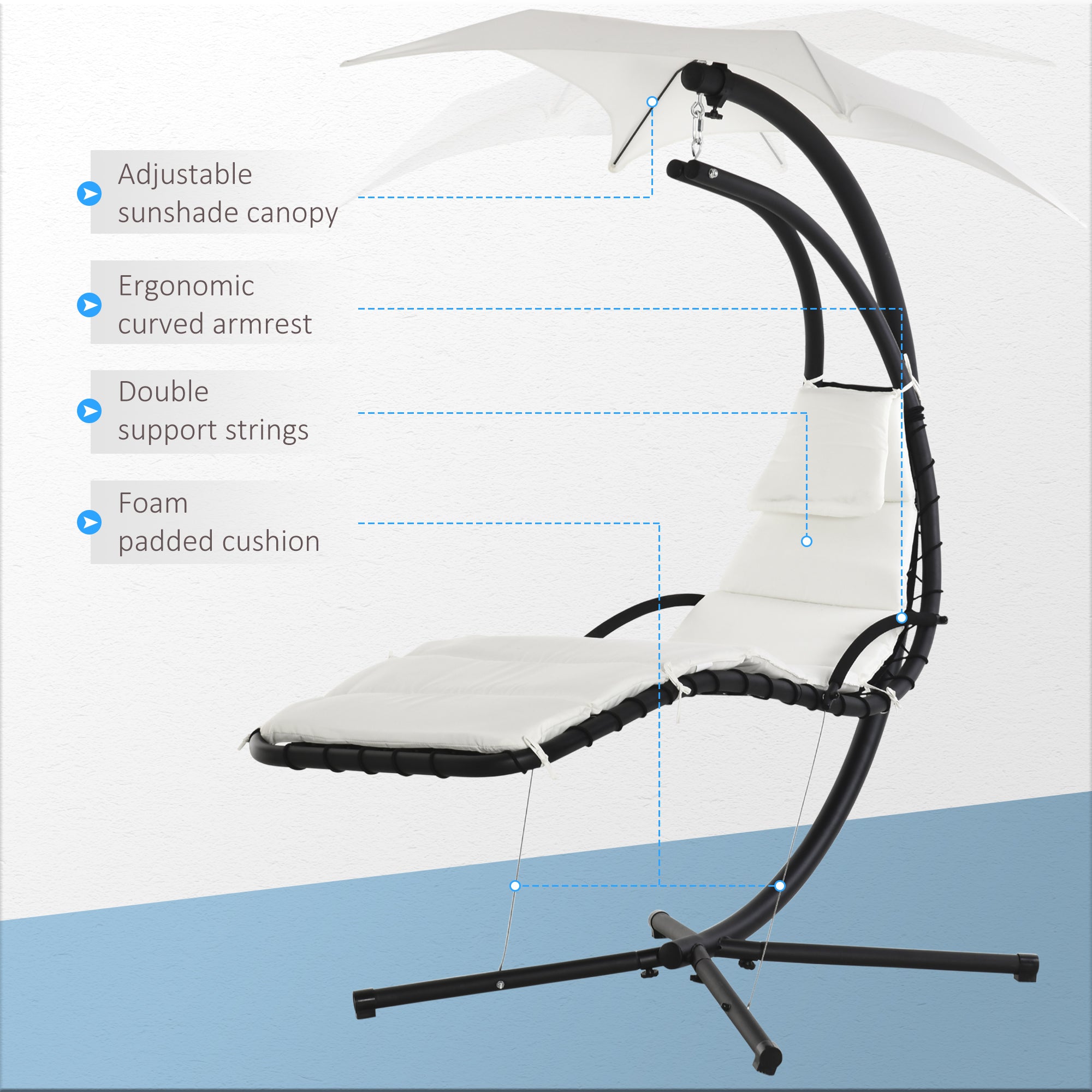 Outsunny Outdoor Hammock Chair with Stand, Floating Chaise Lounge Chair with Soft Padded Cushion, Hanging Hammock Swing Reclining Seat with Canopy Umbrella, Cream White
