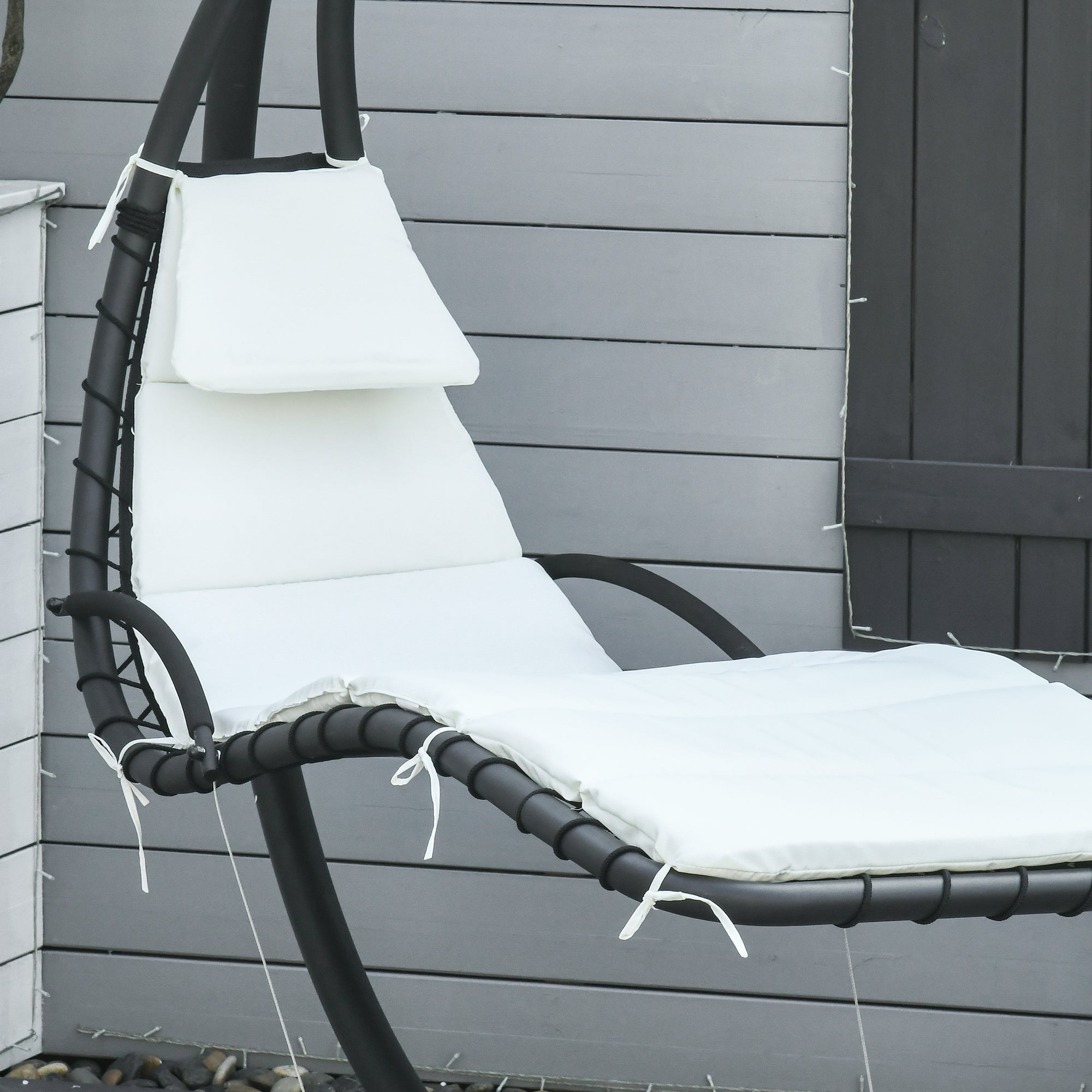 Outsunny Outdoor Hammock Chair with Stand, Floating Chaise Lounge Chair with Soft Padded Cushion, Hanging Hammock Swing Reclining Seat with Canopy Umbrella, Cream White