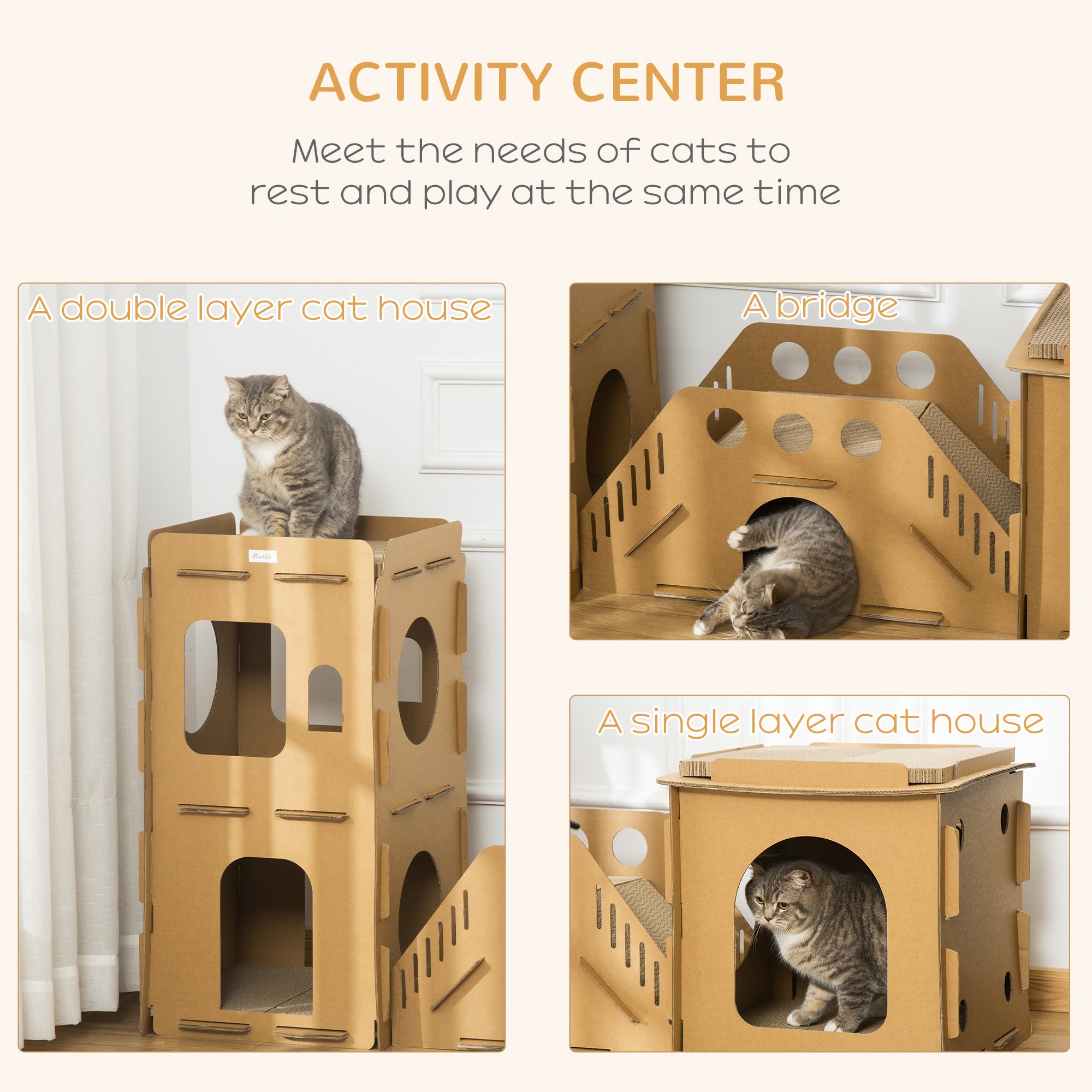 PawHut Cardboard Cat House DIY Cat Tree with Condos, Scratching Pad Board Hideaway Toy Pet Furniture, Brown