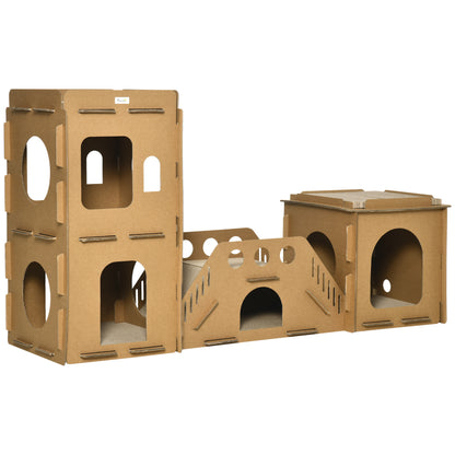 PawHut Cardboard Cat House DIY Cat Tree with Condos, Scratching Pad Board Hideaway Toy Pet Furniture, Brown