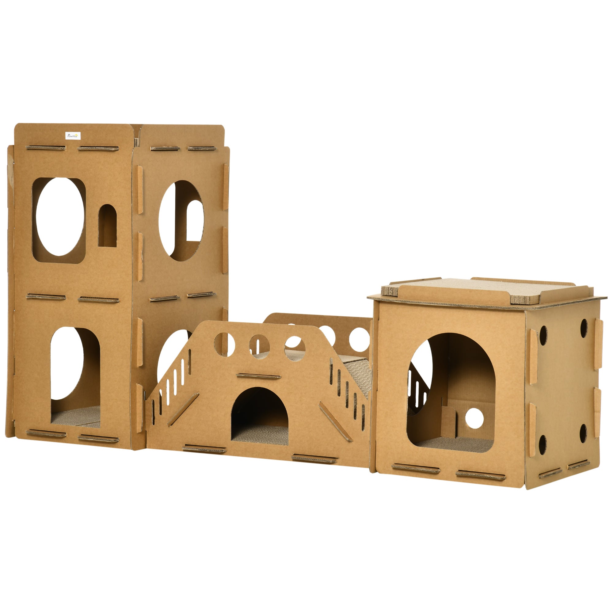 PawHut Cardboard Cat House DIY Cat Tree with Condos, Scratching Pad Board Hideaway Toy Pet Furniture, Brown