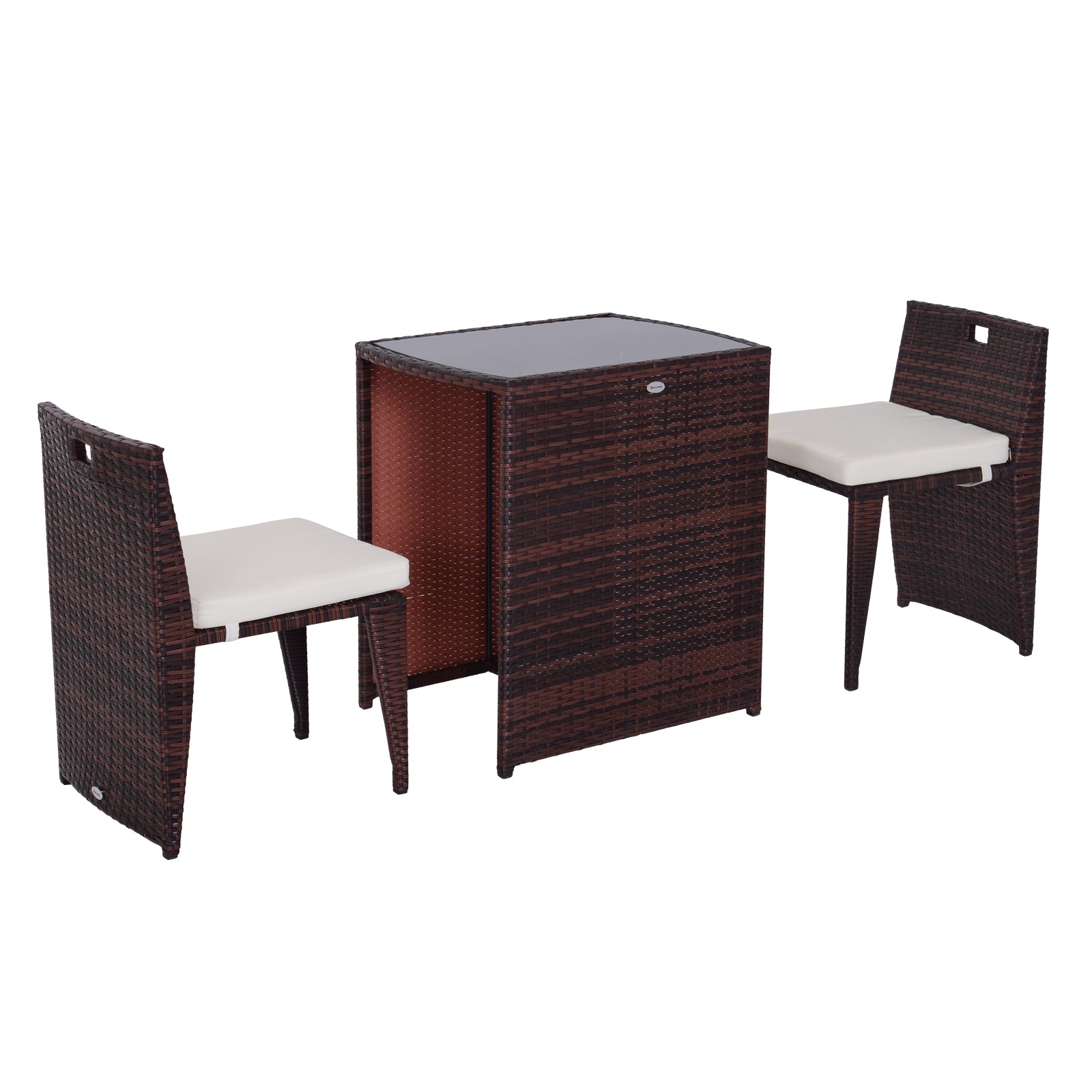 Outsunny 3 Pieces Wicker Patio Dining Set Outdoor Furniture Set with Removable Cushions, Glass Top Dining Table, PE Rattan Conversation Set for Garden Poolside, Cream White