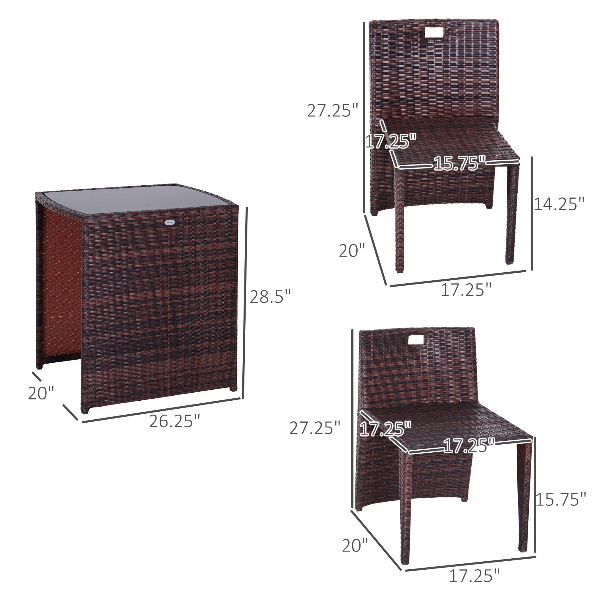 Outsunny 3 Pieces Wicker Patio Dining Set Outdoor Furniture Set with Removable Cushions, Glass Top Dining Table, PE Rattan Conversation Set for Garden Poolside, Cream White