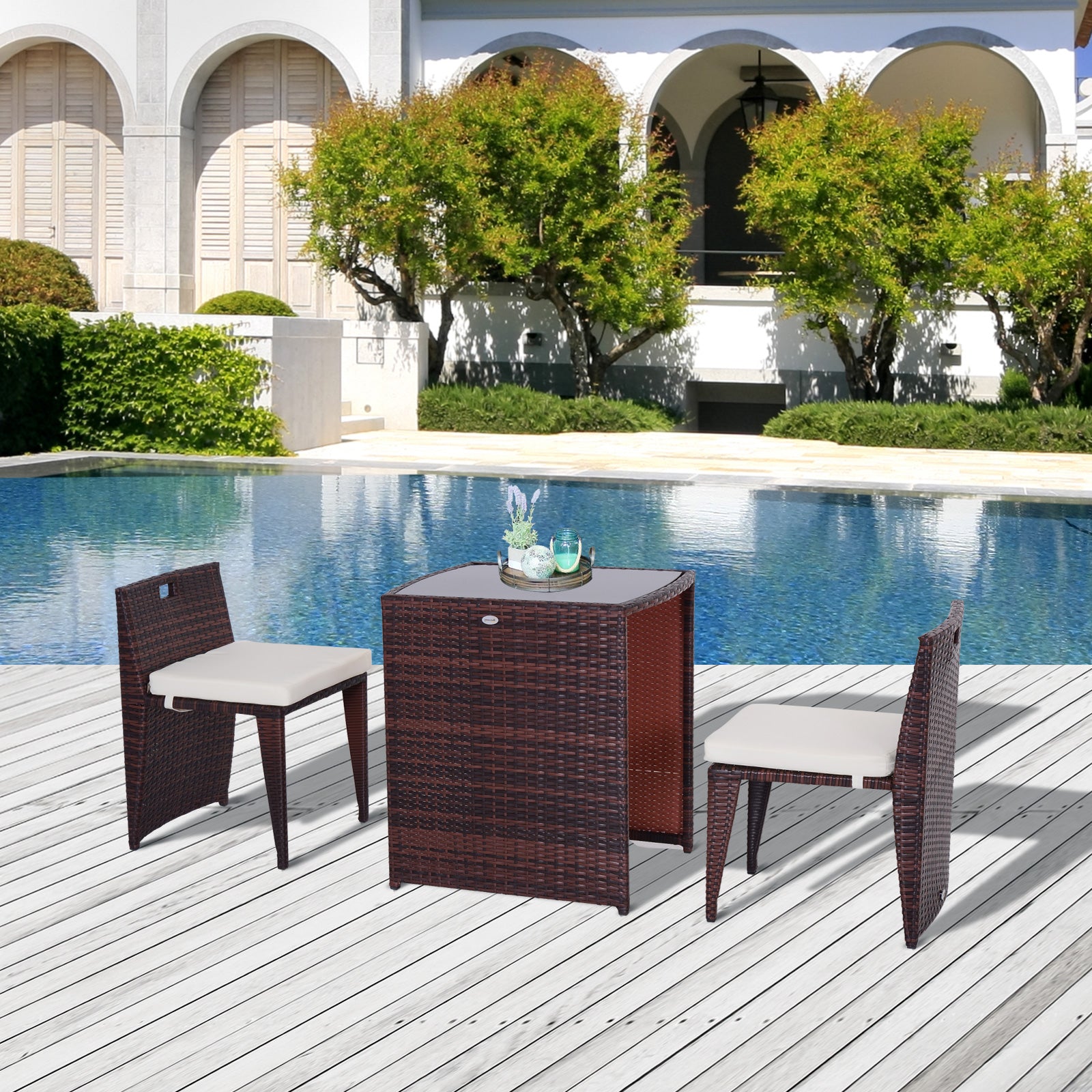 Outsunny 3 Pieces Wicker Patio Dining Set Outdoor Furniture Set with Removable Cushions, Glass Top Dining Table, PE Rattan Conversation Set for Garden Poolside, Cream White