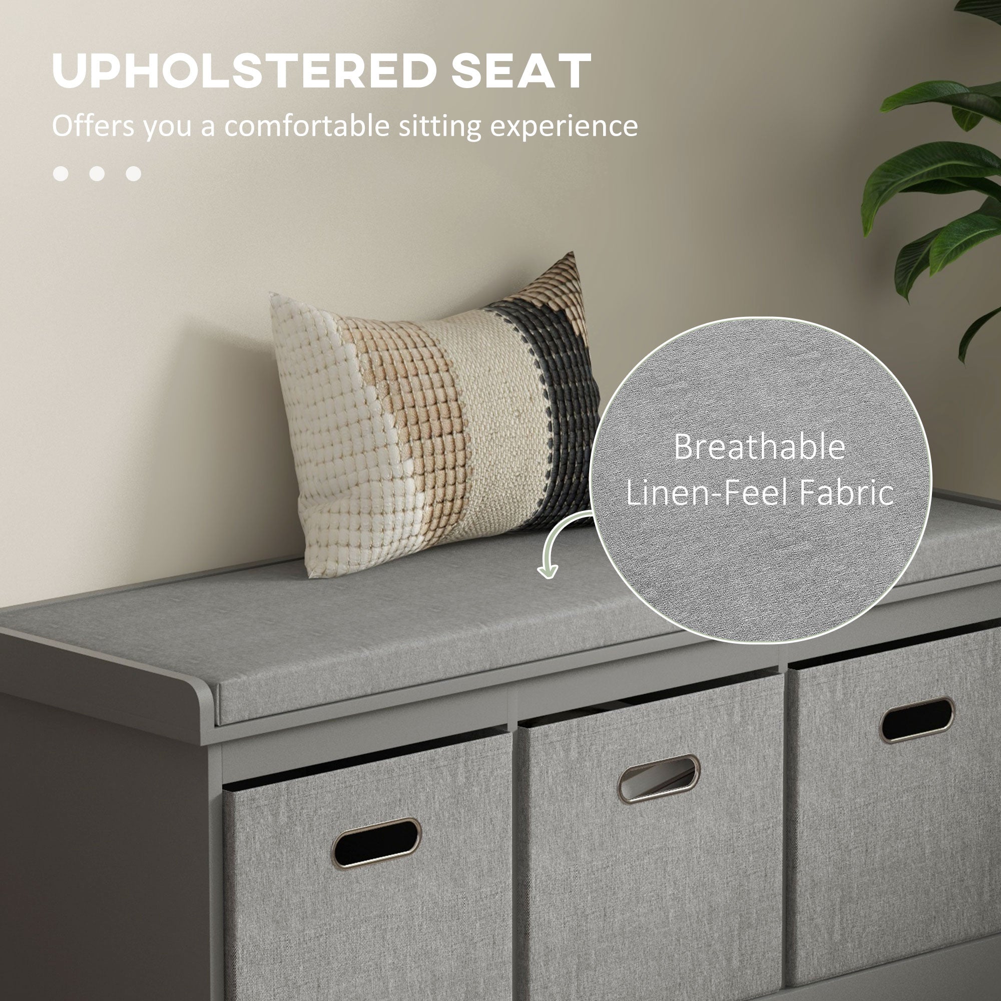 HOMCOM Shoe Bench with Seat, Entryway Bench with Cushion and 3 Fabric Drawers, Shoe Storage Bench for Hallway, Living Room, Grey