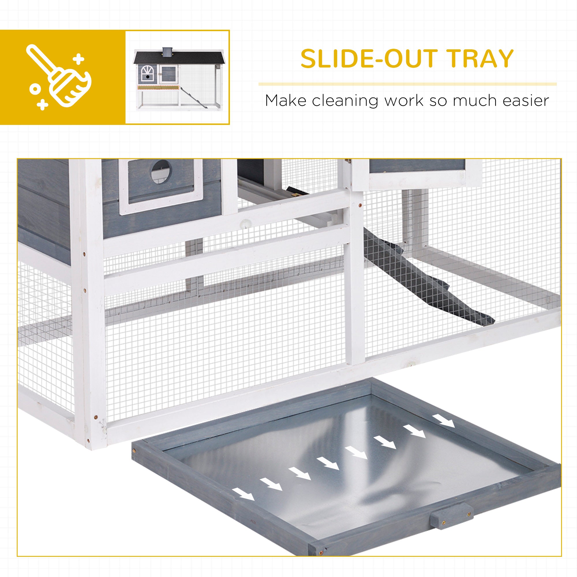 PawHut Rabbit Hutch, Wooden Guinea Pig Cage Outdoor with Run, Removable Tray, Ramp, Asphalt Roof, Grey