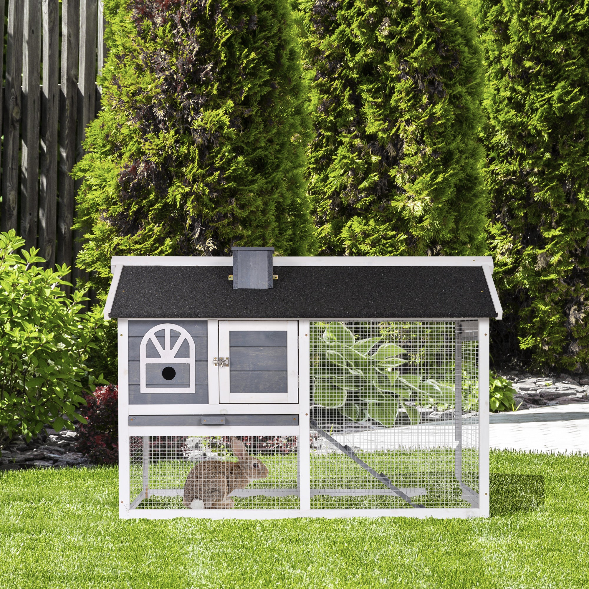PawHut Rabbit Hutch, Wooden Guinea Pig Cage Outdoor with Run, Removable Tray, Ramp, Asphalt Roof, Grey