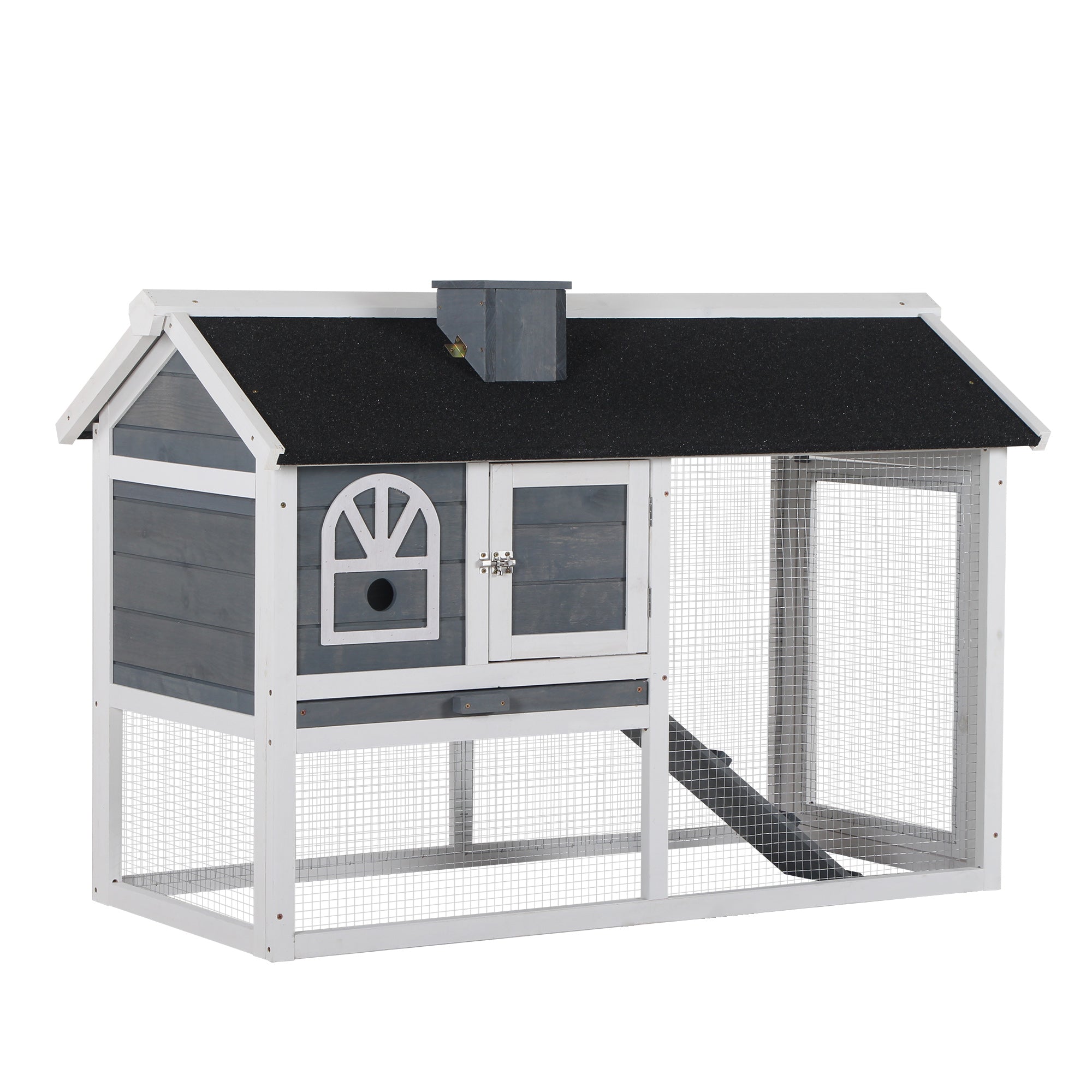 PawHut Rabbit Hutch, Wooden Guinea Pig Cage Outdoor with Run, Removable Tray, Ramp, Asphalt Roof, Grey