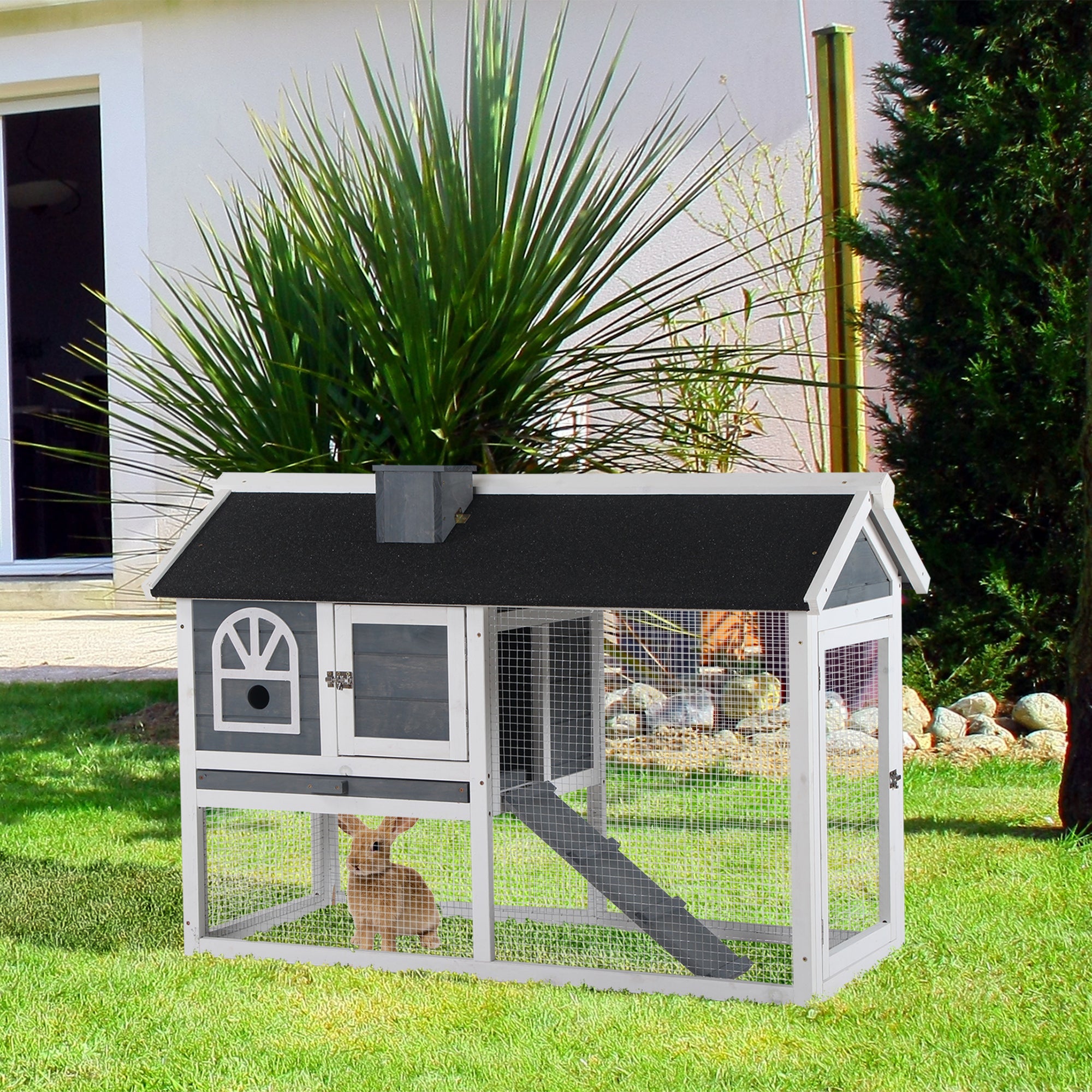 PawHut Rabbit Hutch, Wooden Guinea Pig Cage Outdoor with Run, Removable Tray, Ramp, Asphalt Roof, Grey