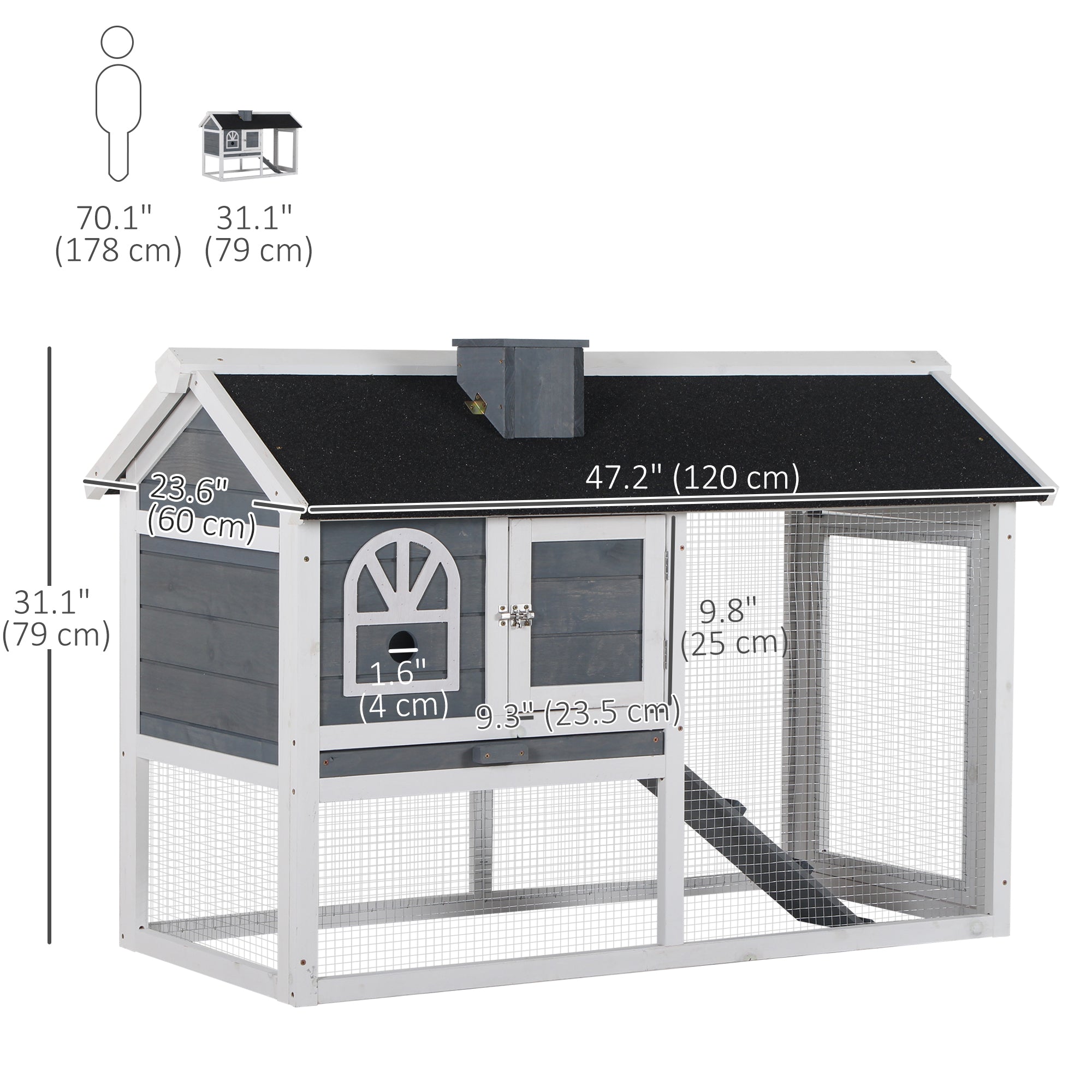 PawHut Rabbit Hutch, Wooden Guinea Pig Cage Outdoor with Run, Removable Tray, Ramp, Asphalt Roof, Grey