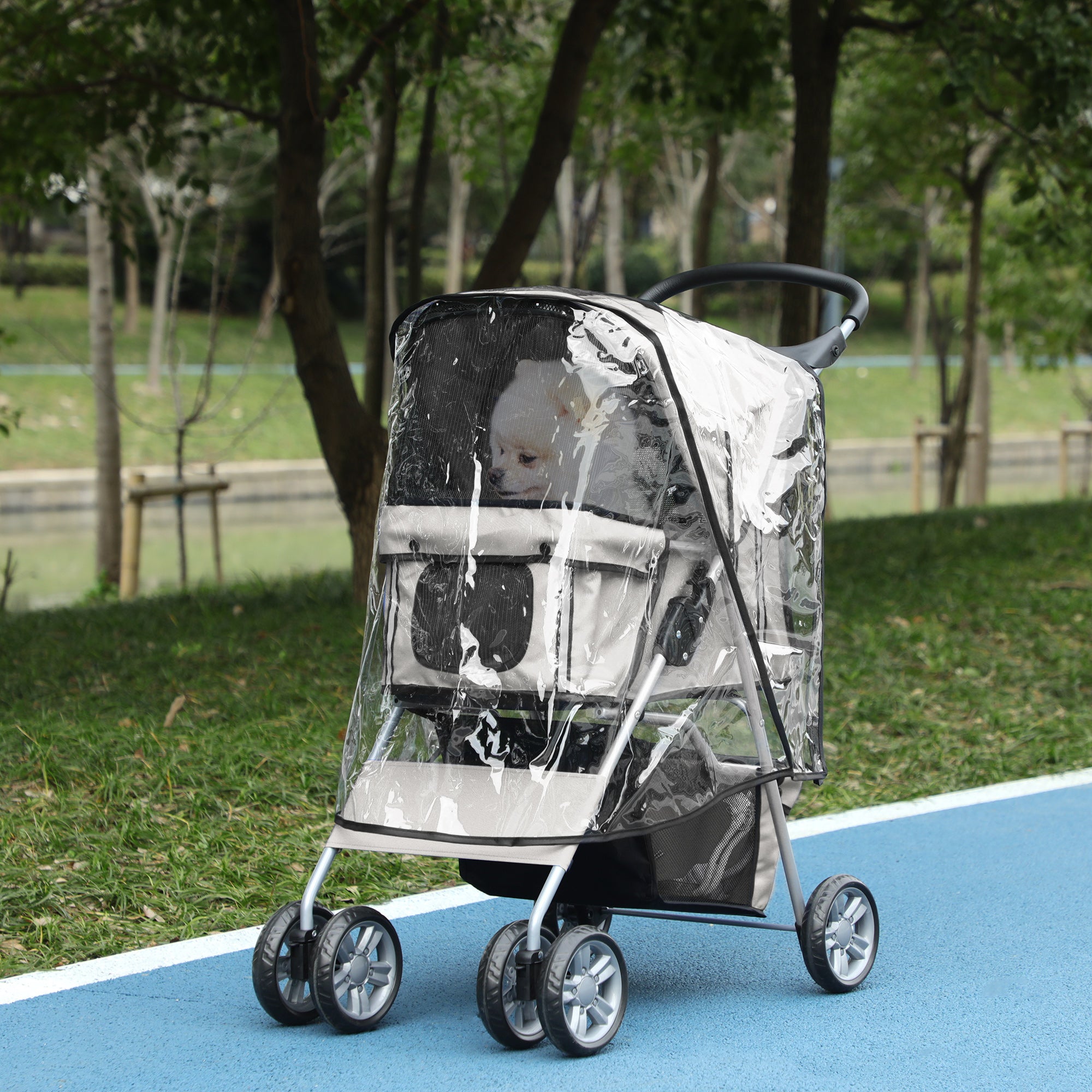 PawHut Dog Stroller with Rain Cover for Small Miniature Dogs, Folding Pet Pram with Cup Holder, Storage Basket, Reflective Strips, Grey
