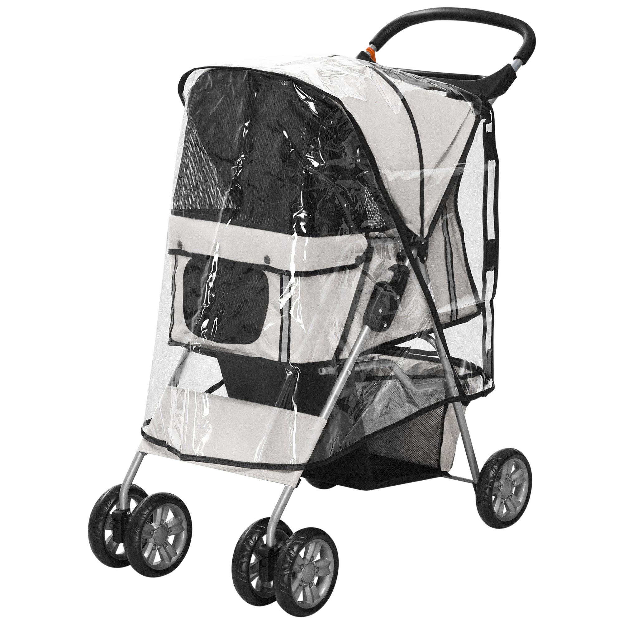 PawHut Dog Stroller with Rain Cover for Small Miniature Dogs, Folding Pet Pram with Cup Holder, Storage Basket, Reflective Strips, Grey