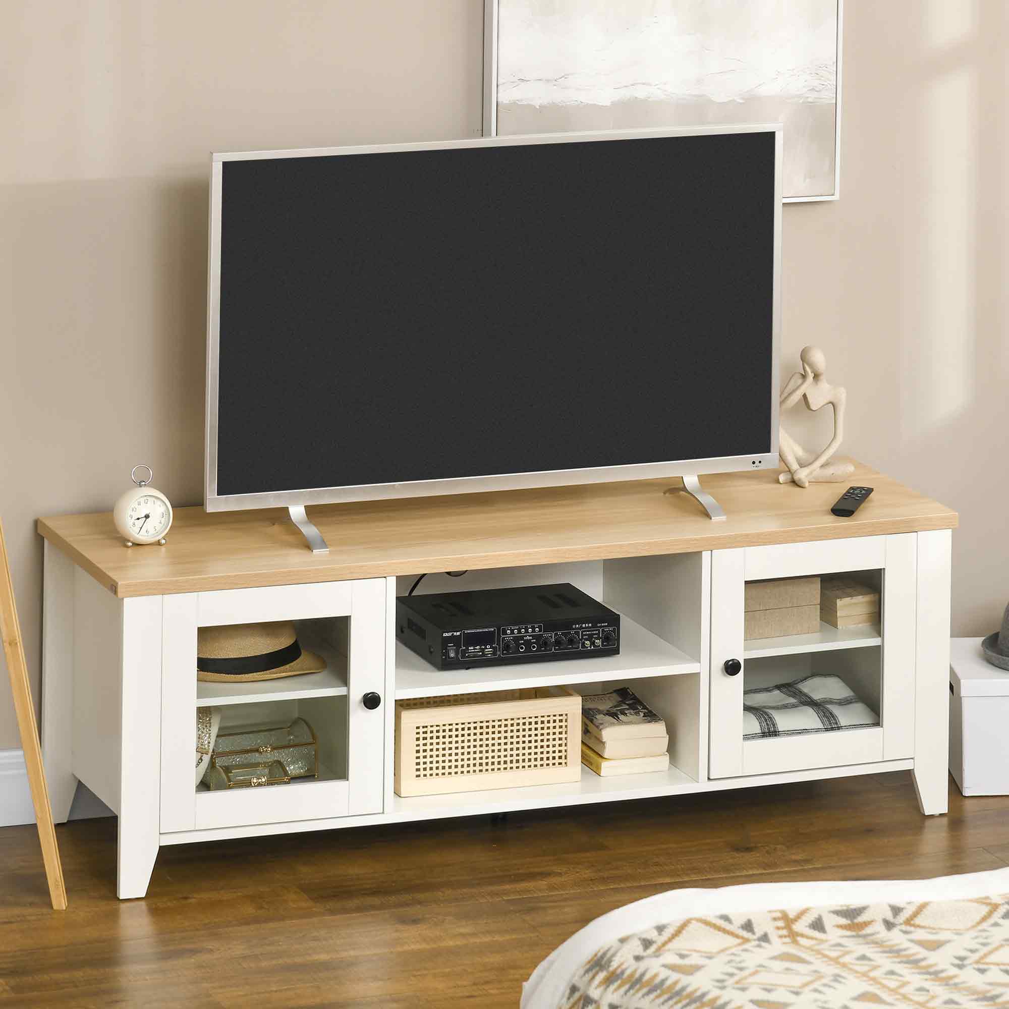 HOMCOM Modern TV Stand for TVs up to 60 inches, Wood TV Console Table with Storage Doors, Entertainment Center for Living Room, Bedroom, Office, White and Oak