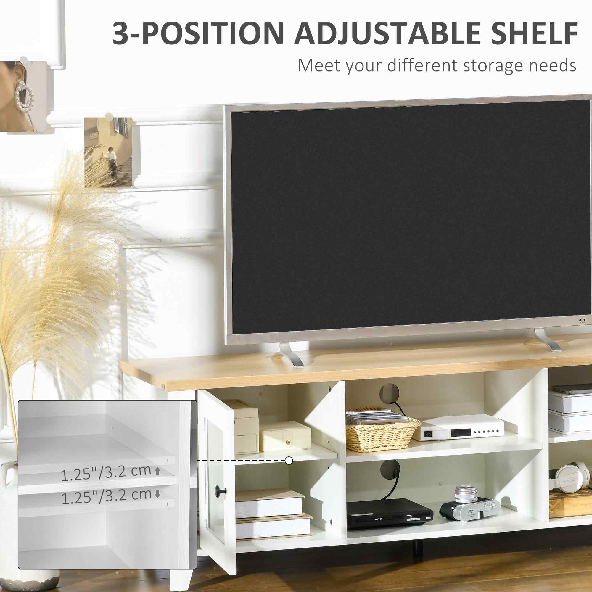 HOMCOM Modern TV Stand for TVs up to 60 inches, Wood TV Console Table with Storage Doors, Entertainment Center for Living Room, Bedroom, Office, White and Oak