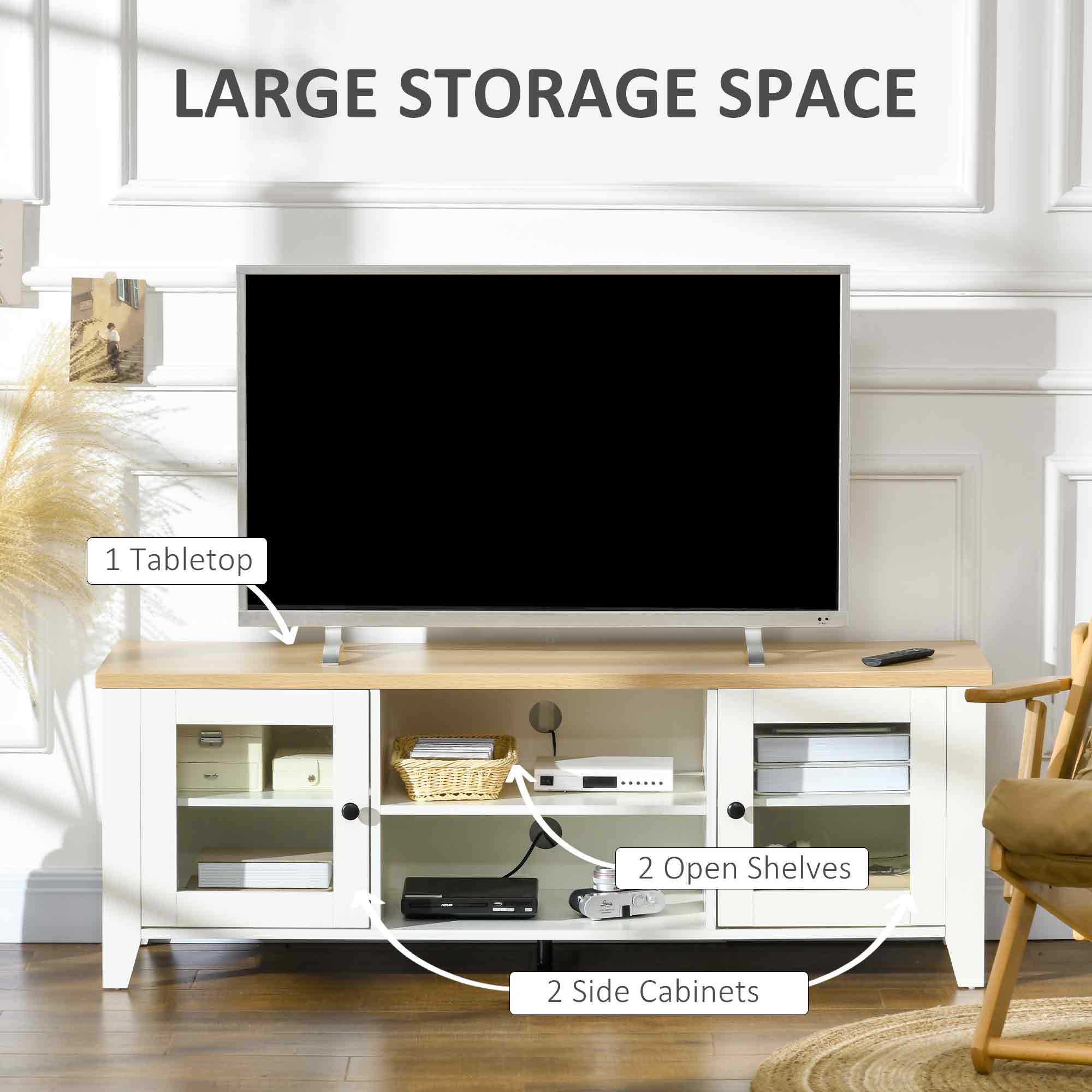 HOMCOM Modern TV Stand for TVs up to 60 inches, Wood TV Console Table with Storage Doors, Entertainment Center for Living Room, Bedroom, Office, White and Oak