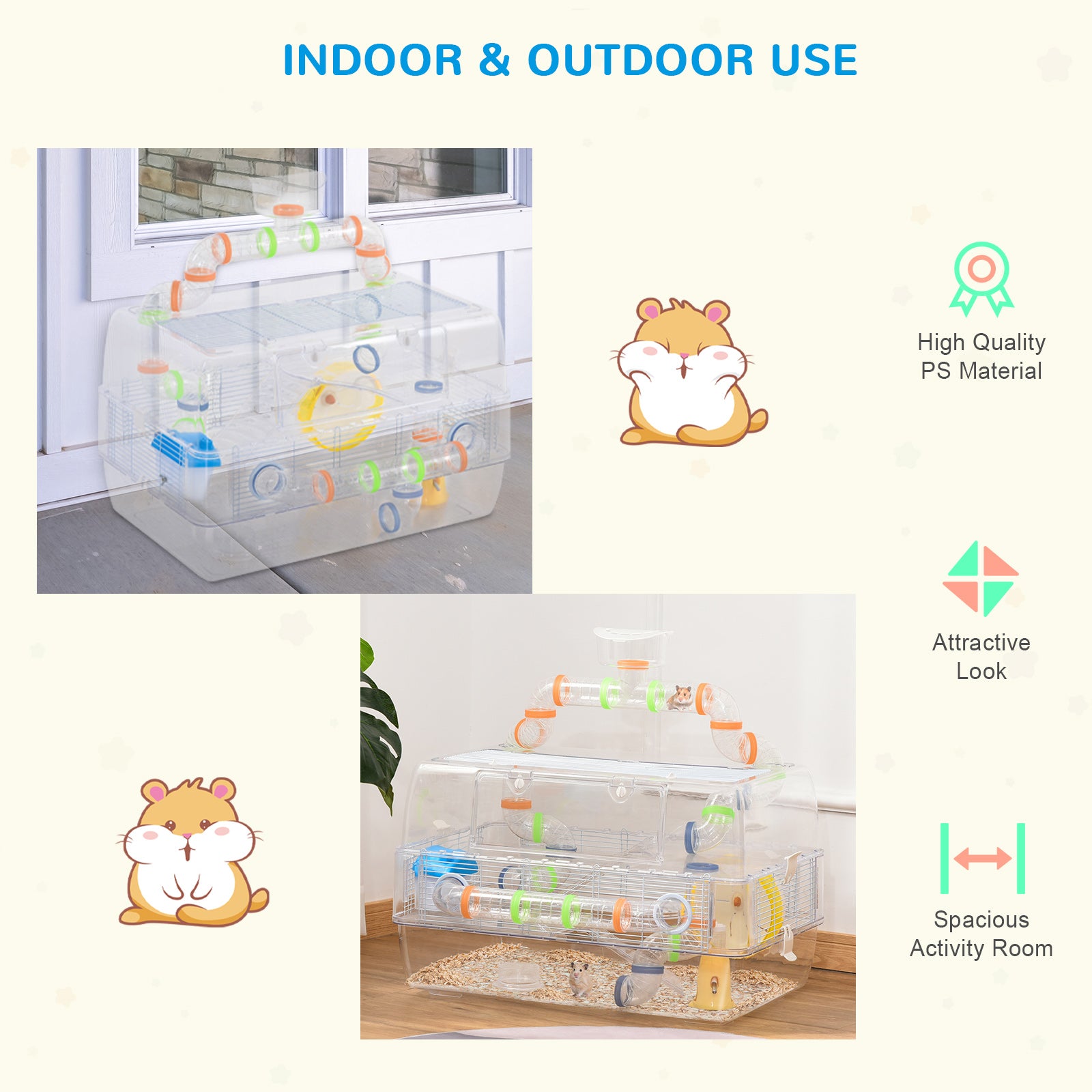PawHut 3 Tier Hamster Cage Gerbil Haven Small Animal Habitats Rodent House Large Hide-out for Dwarf Syrian Mice with Water Bottle, Tubes, Exercise Wheel, Food Dish, Ladder