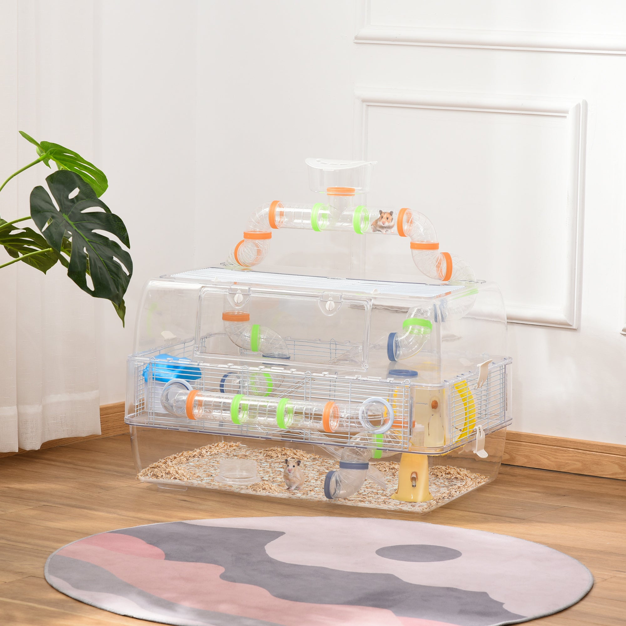 PawHut 3 Tier Hamster Cage Gerbil Haven Small Animal Habitats Rodent House Large Hide-out for Dwarf Syrian Mice with Water Bottle, Tubes, Exercise Wheel, Food Dish, Ladder