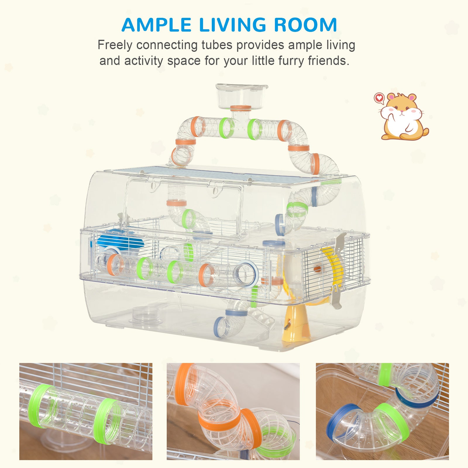 PawHut 3 Tier Hamster Cage Gerbil Haven Small Animal Habitats Rodent House Large Hide-out for Dwarf Syrian Mice with Water Bottle, Tubes, Exercise Wheel, Food Dish, Ladder