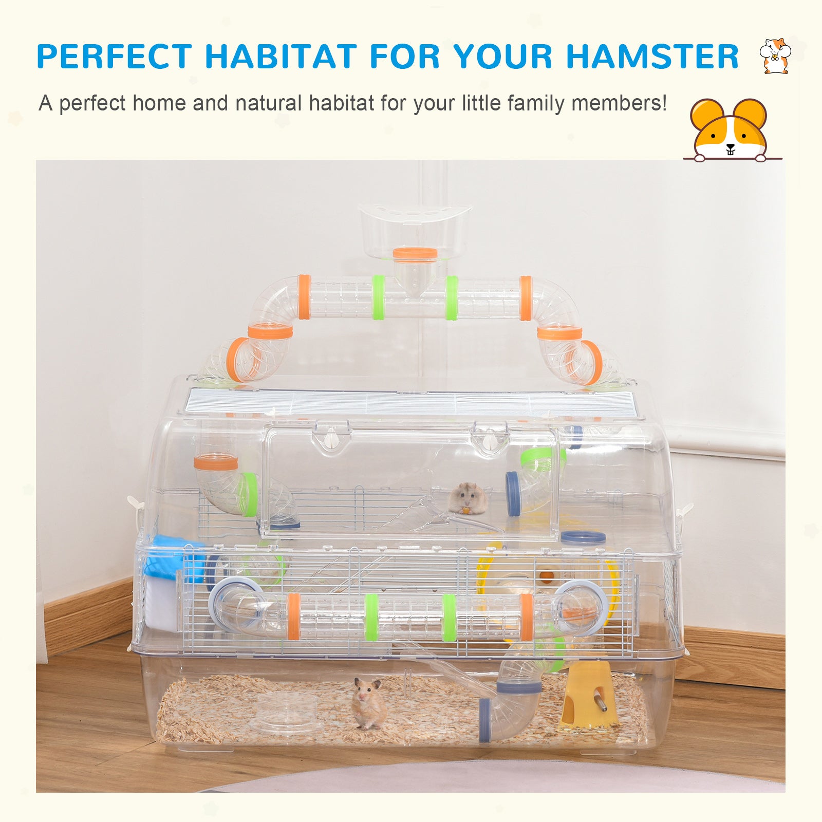 PawHut 3 Tier Hamster Cage Gerbil Haven Small Animal Habitats Rodent House Large Hide-out for Dwarf Syrian Mice with Water Bottle, Tubes, Exercise Wheel, Food Dish, Ladder