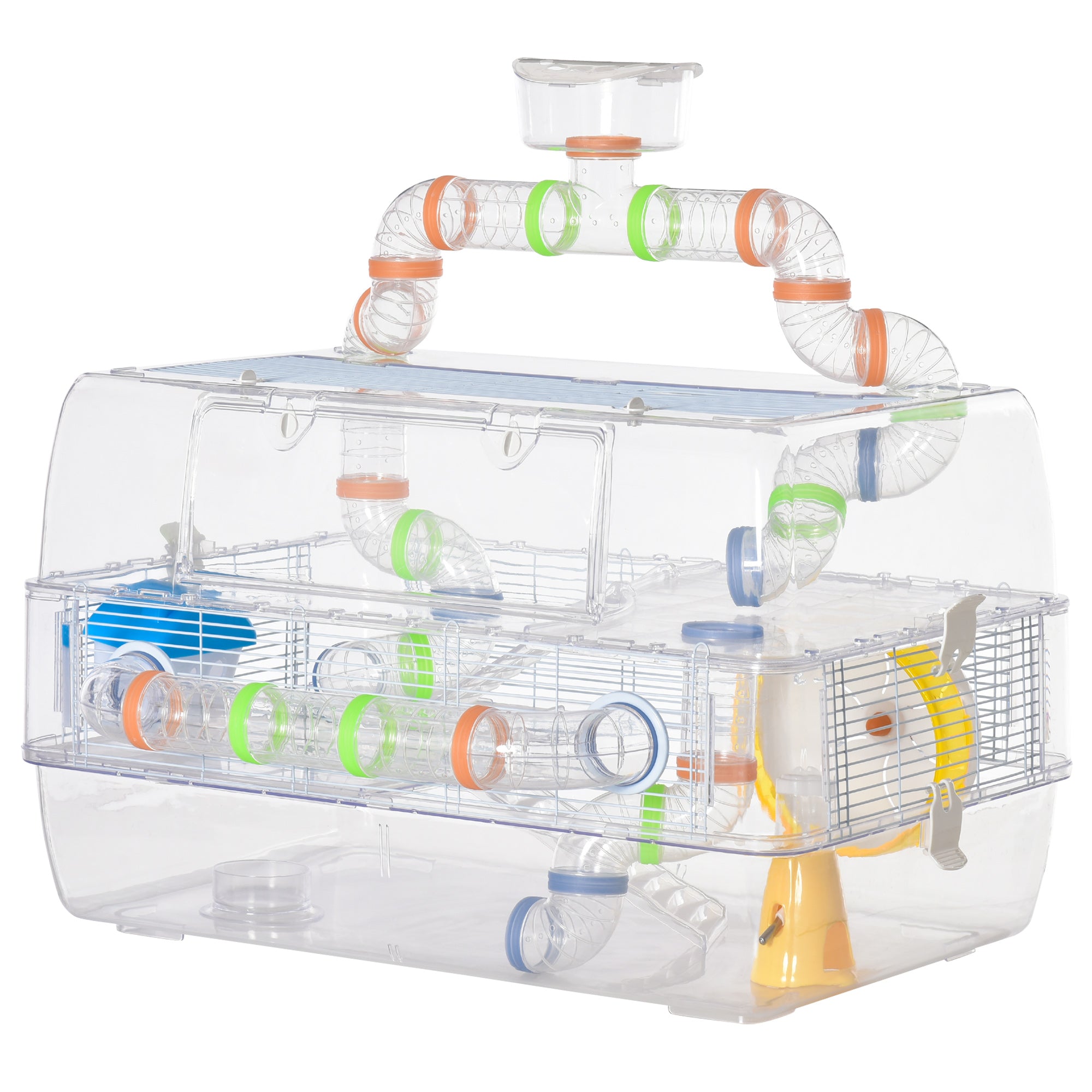 PawHut 3 Tier Hamster Cage Gerbil Haven Small Animal Habitats Rodent House Large Hide-out for Dwarf Syrian Mice with Water Bottle, Tubes, Exercise Wheel, Food Dish, Ladder