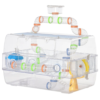 PawHut 3 Tier Hamster Cage Gerbil Haven Small Animal Habitats Rodent House Large Hide-out for Dwarf Syrian Mice with Water Bottle, Tubes, Exercise Wheel, Food Dish, Ladder